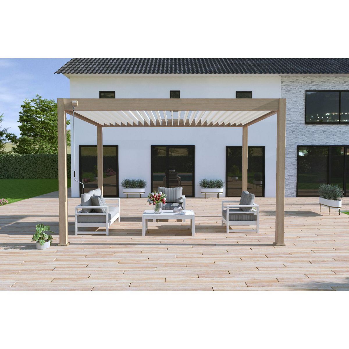 Pergola Bioclimatique autoportée 3X4 m - Aluminium - effet bois naturel/blanc - VS OMBREA®