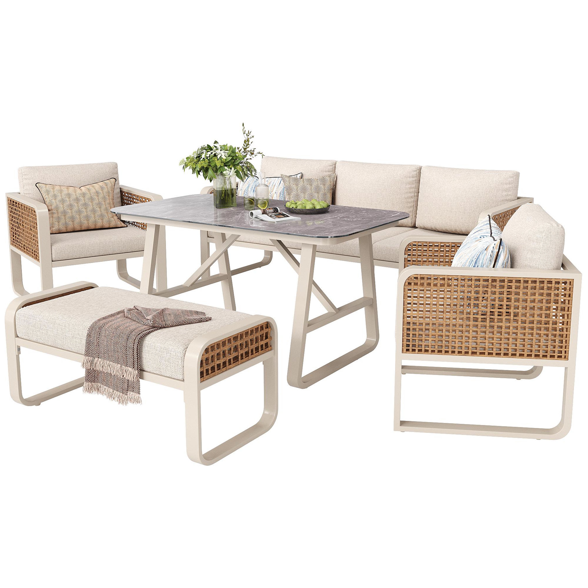 Voir la diapositive 4 : MERAX Salon de jardin 7 places en acier avec table d'appoint, coussins lavables, pieds réglables, beige
