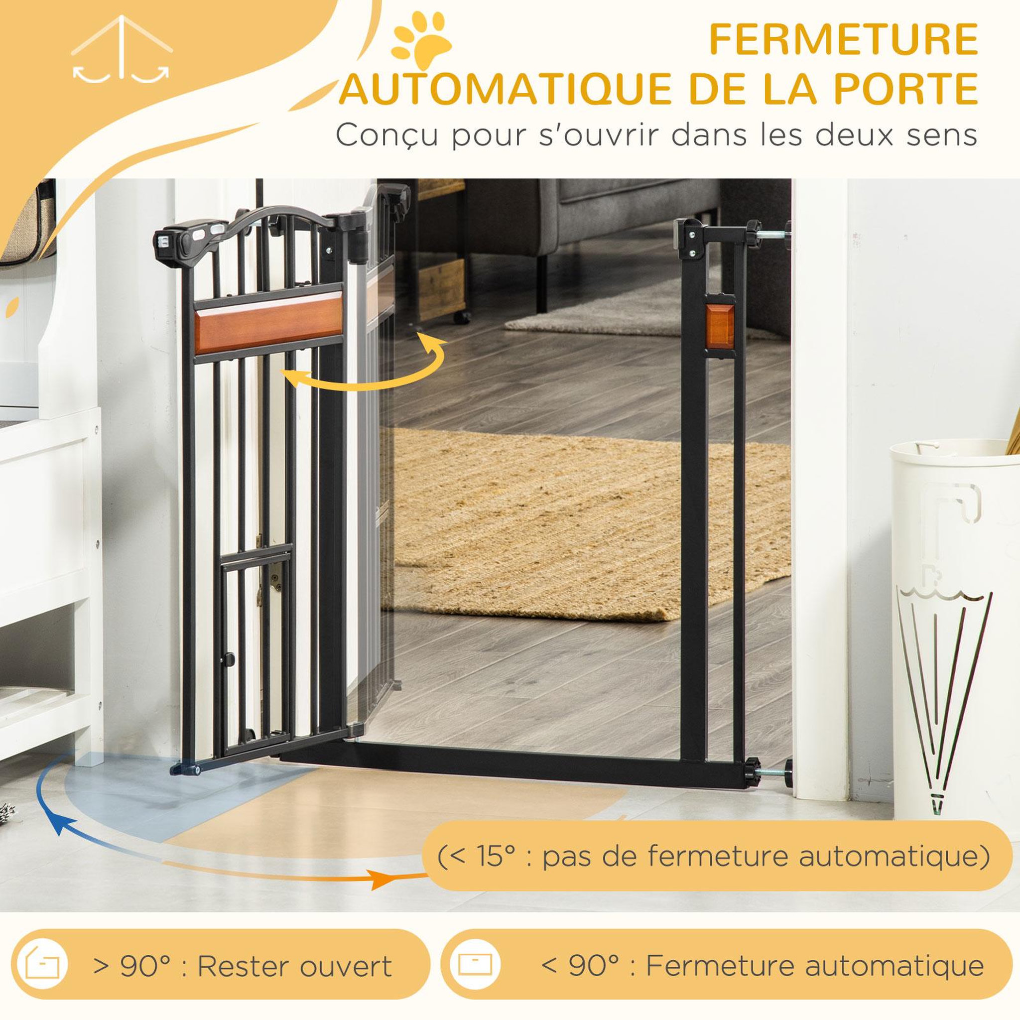 Voir la diapositive 5 : PAWHUT Barrière de sécurité animaux - longueur réglable dim. 74-80 cm - 2 portes verrouillables, ouverture double sens - sans perçage - acier noir pin