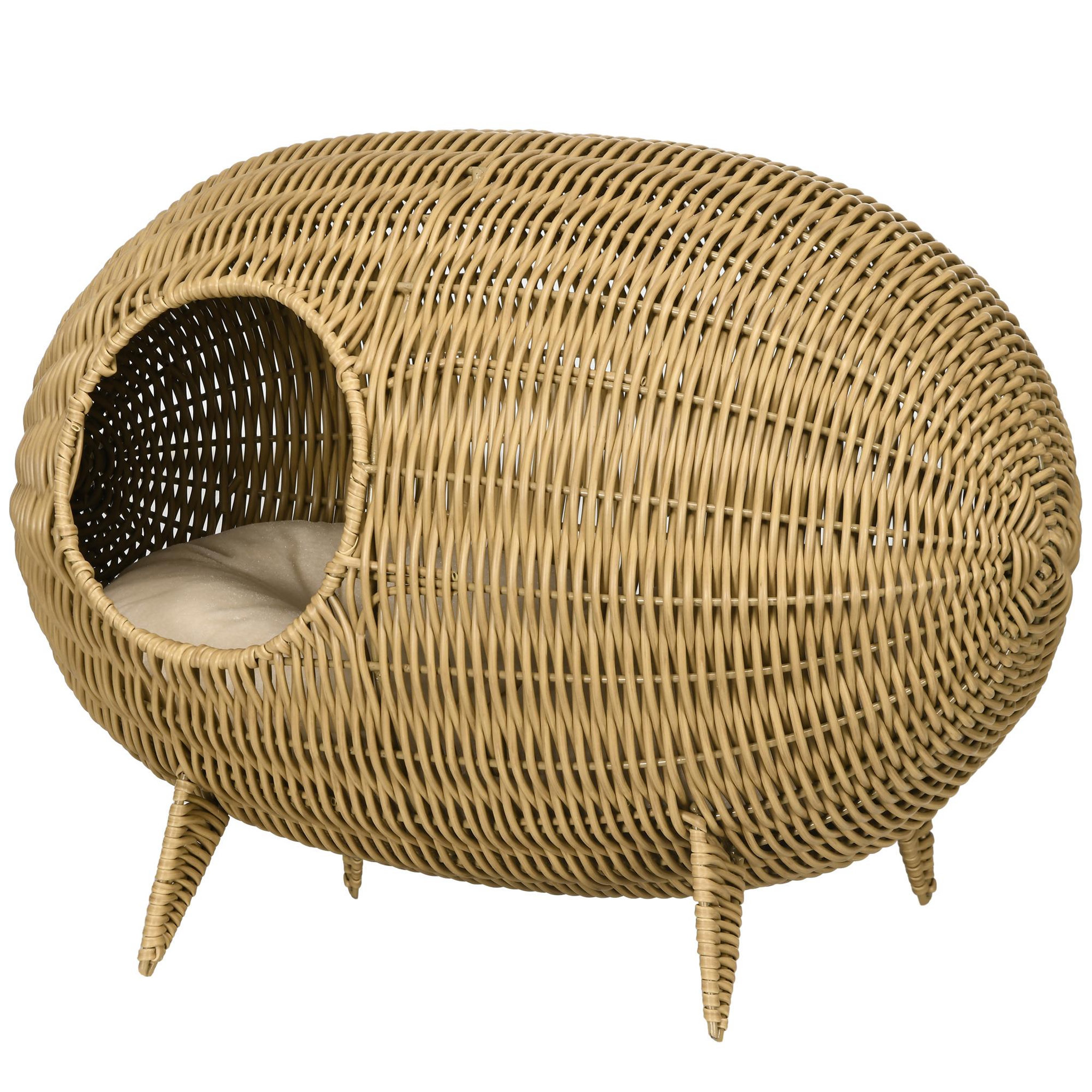 Voir la diapositive 1 : PAWHUT Panier pour chat en résine tressée imitation rotin grand confort dim. 55L x 36l x 42H cm coussin moelleux beige inclus