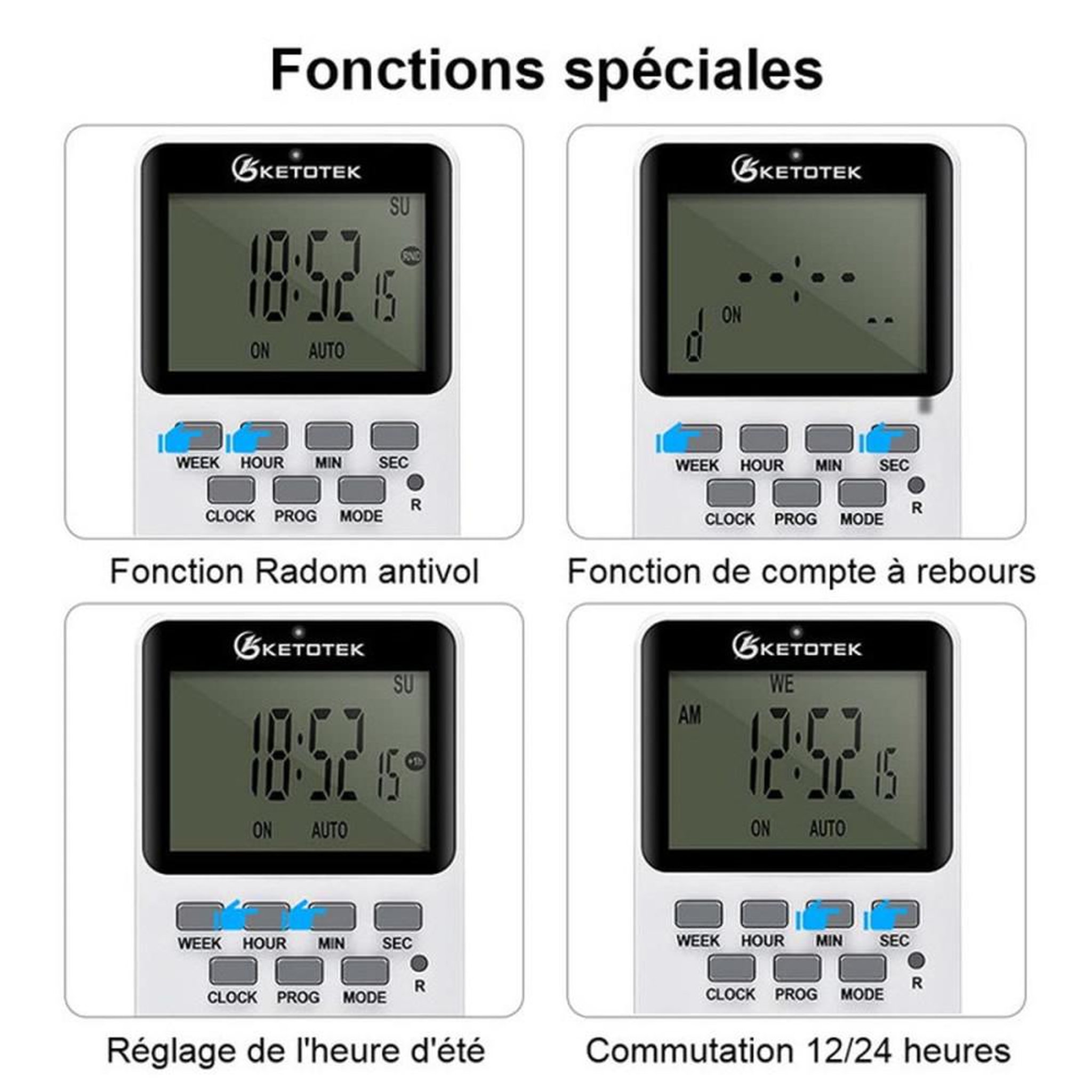 Voir la diapositive 3 : Prise minuterie numérique programmable LCD 20 programmes, 16A 3600W, mode aléatoire antivol, 12/24h