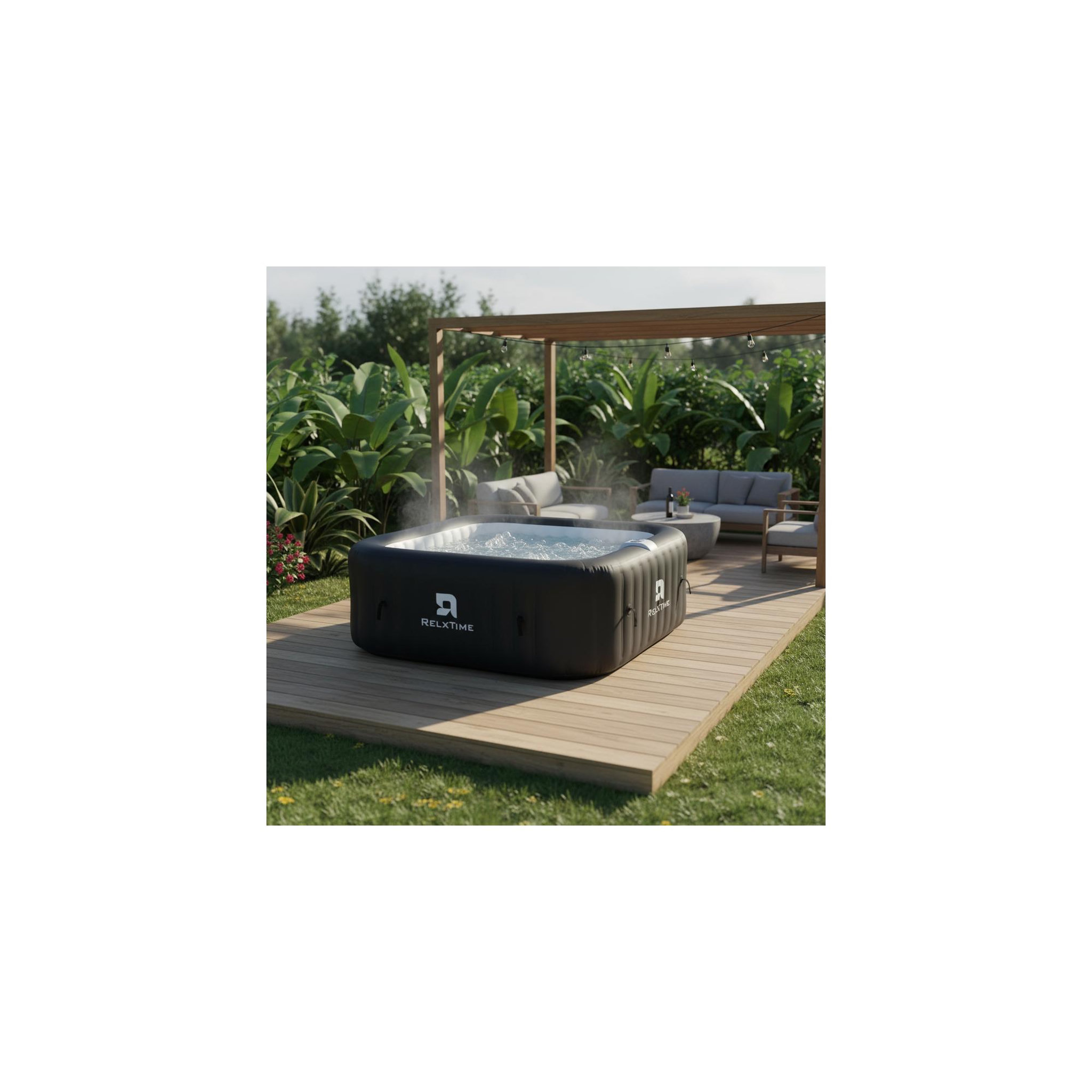 Voir la diapositive 2 : RELX TIME Spa gonflable 6 places carré - RELXTIME - 130 Jets - Noir - Filtre et bâche inclus