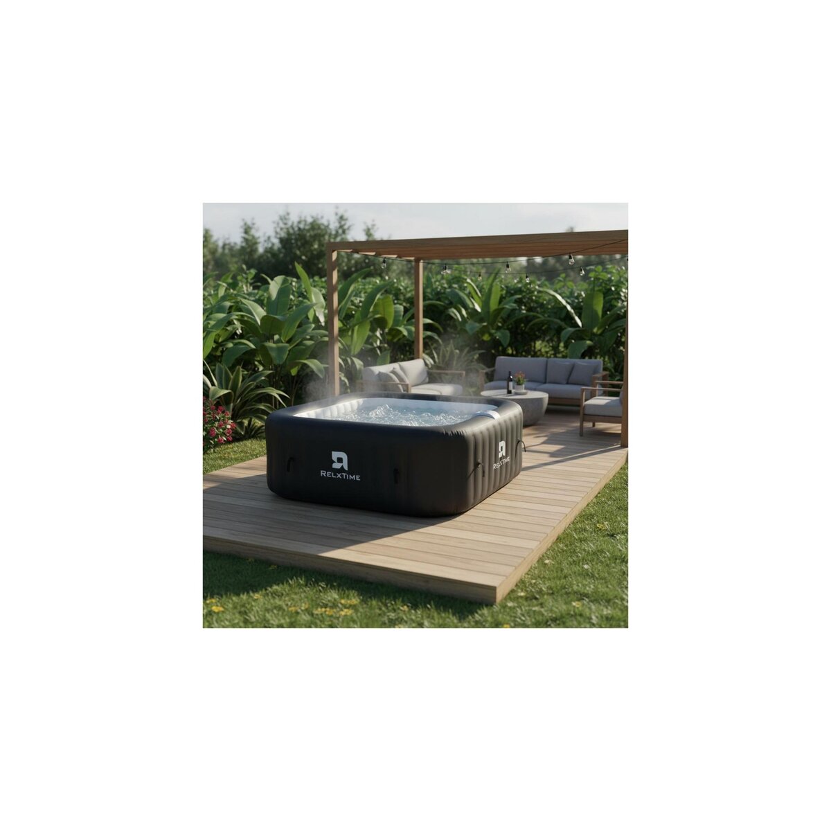 RELX TIME Spa gonflable 6 places carré - RELXTIME - 130 Jets - Noir - Filtre et bâche inclus