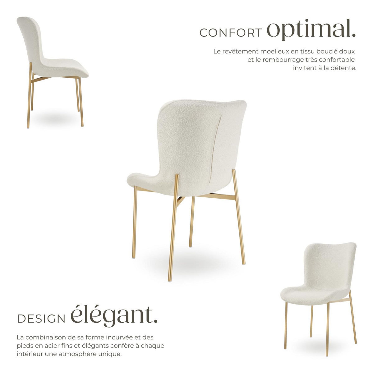 tectake Chaise rembourrée forme ergonomique avec dossier haut Bouclette blanc/doré Lot de 2