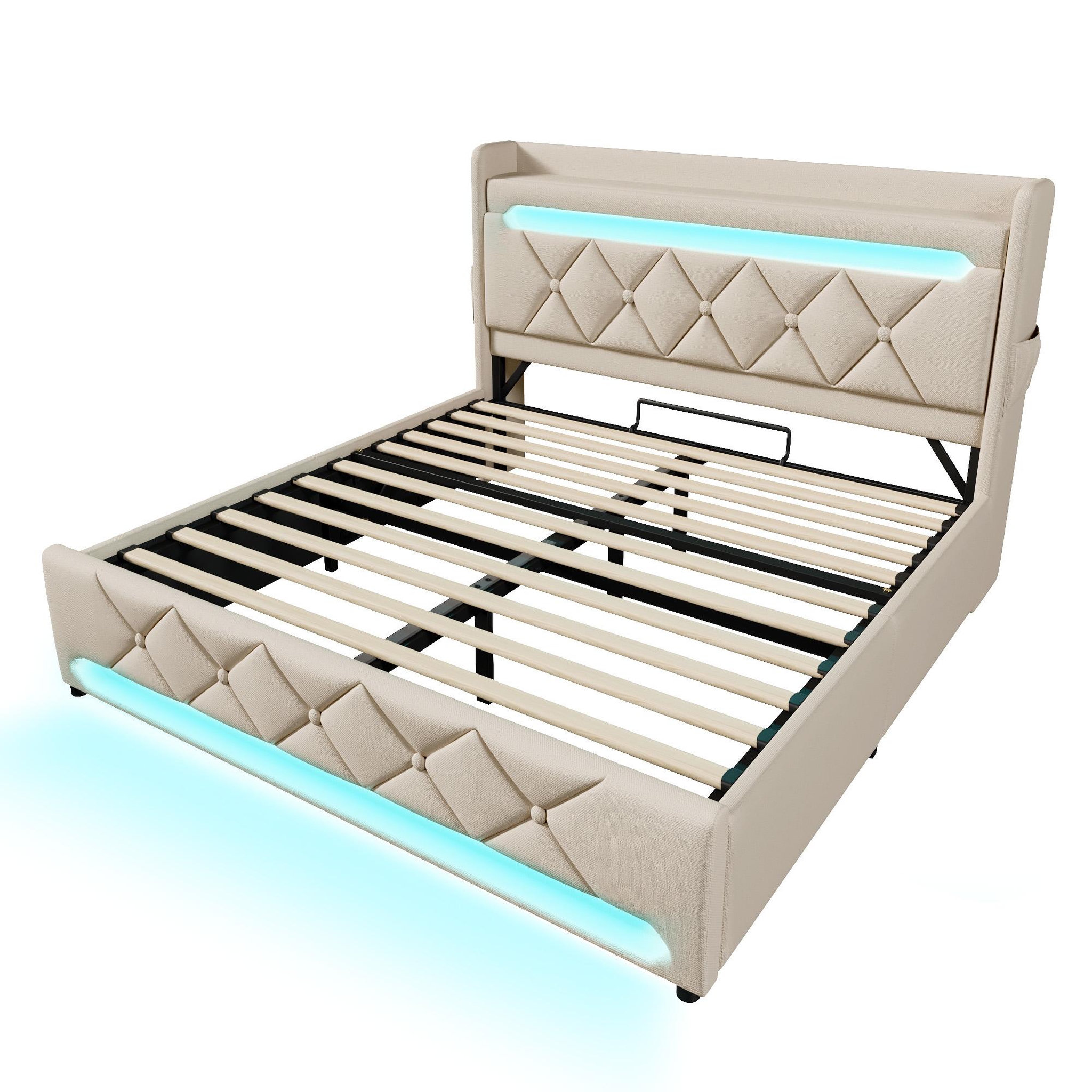 Voir la diapositive 5 : MERAX Lit coffre lin avec tête de lit rangement usb led et sommier