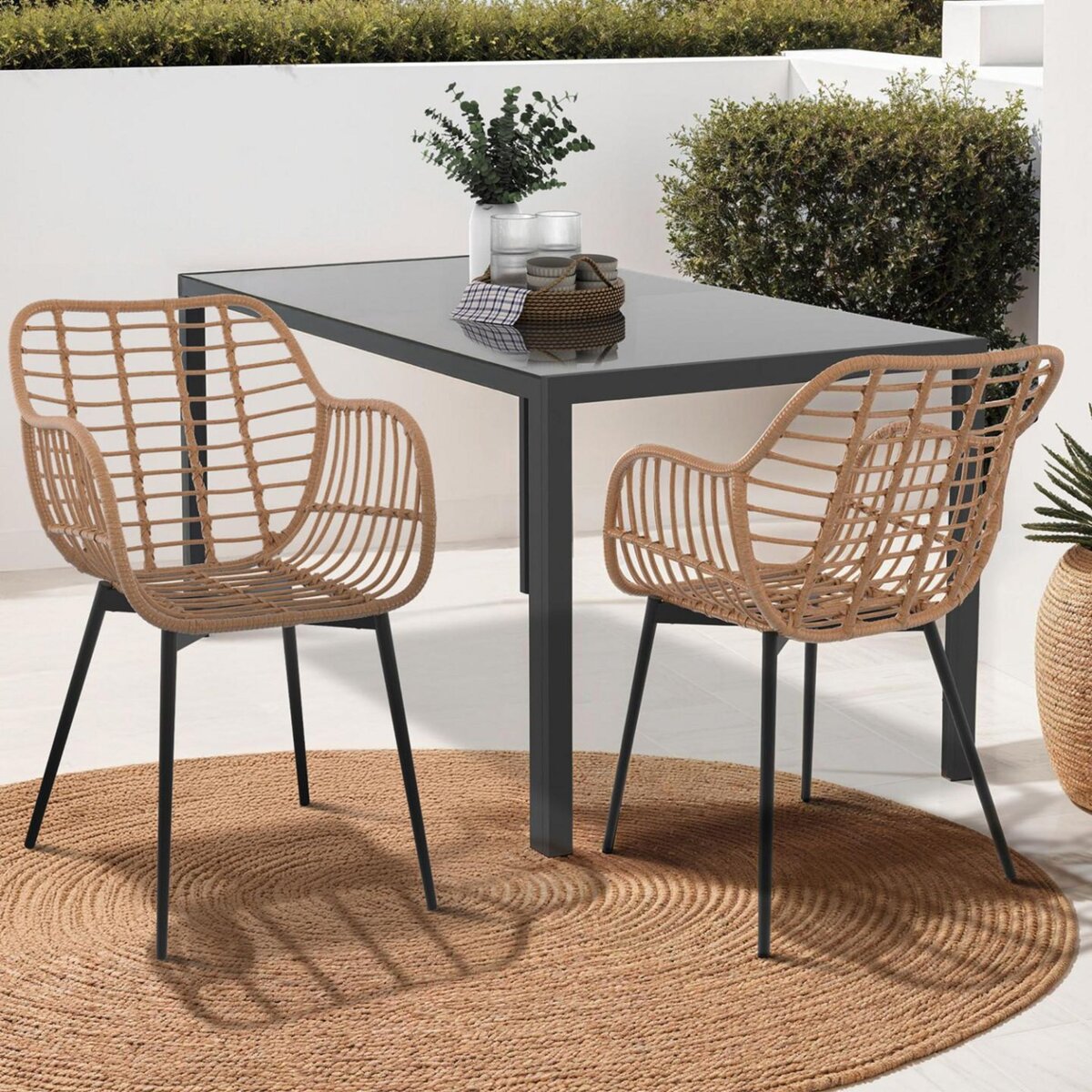 ID MARKET Lot de 2 chaises de salle à manger, fauteuils de table SUMMER effet rotin pied métal noir