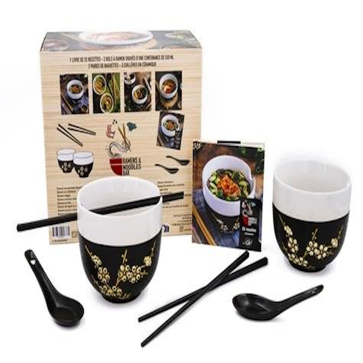 RAMENS & NOODLES BAR. COFFRET AVEC 2 BOLS A RAMEN, 2 PAIRES DE BAGUETTES, 2 CUILLERES EN CERAMIQUE, EDITION 2025, Desgages Aurélie