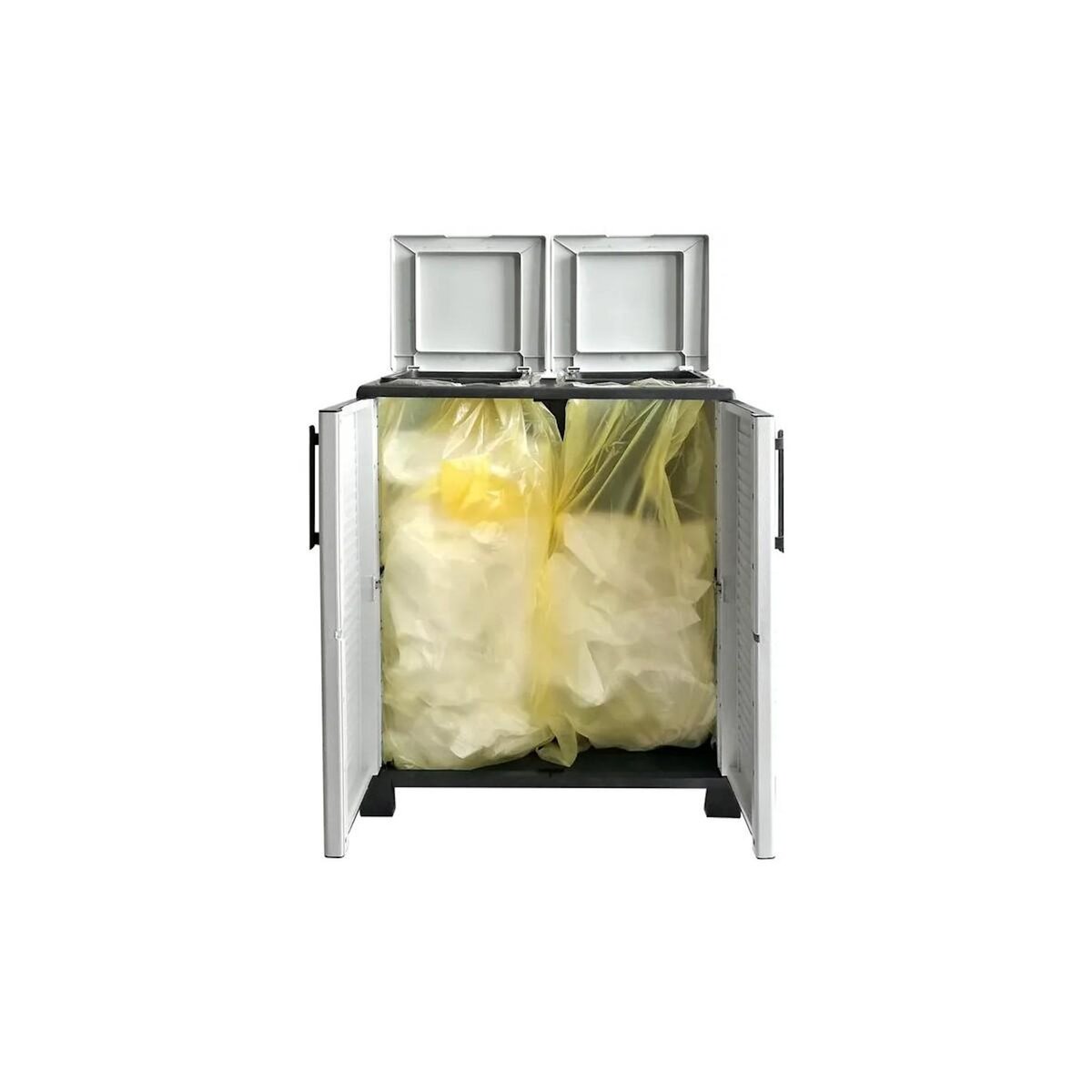 ART PLAST Cache Poubelles de tri Selectif 2 Sacs - Armoire Recyclage 68 x 37 x 90 cm Gris Clair 2 Portes 4 pieds ART PLAST