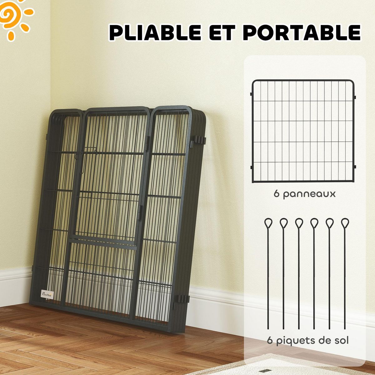 PAWHUT Parc enclos chien modulable pliable 6 panneaux H.80cm porte verrouillable acier époxy noir