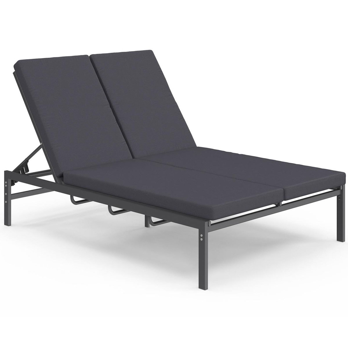 ID MARKET Lit bain de soleil double, transat de jardin inclinables double, en acier avec matelas gris anthracite
