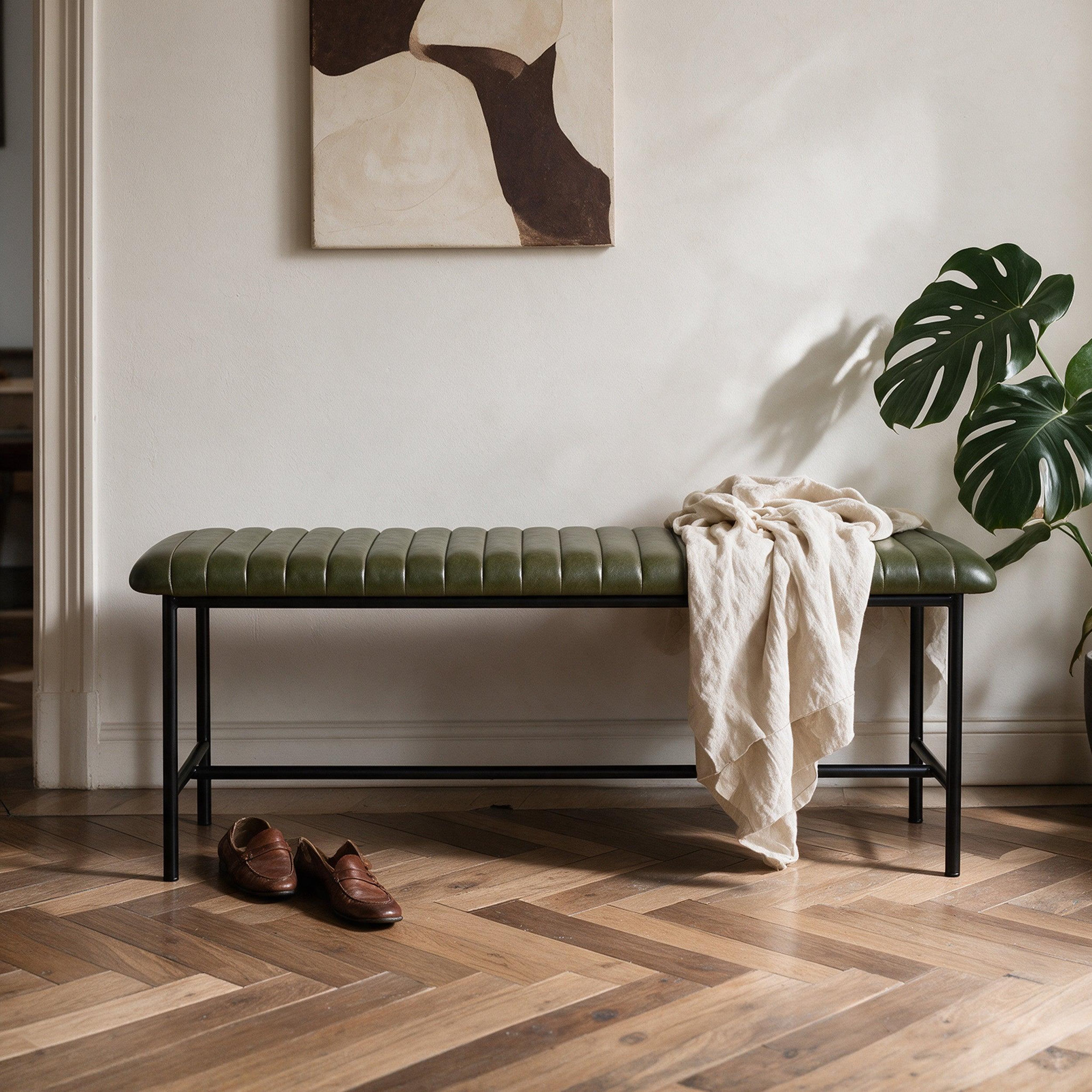 Voir la diapositive 2 : MAISON PAVANE Banc 100 cm en cuir de buffle vert-Émile