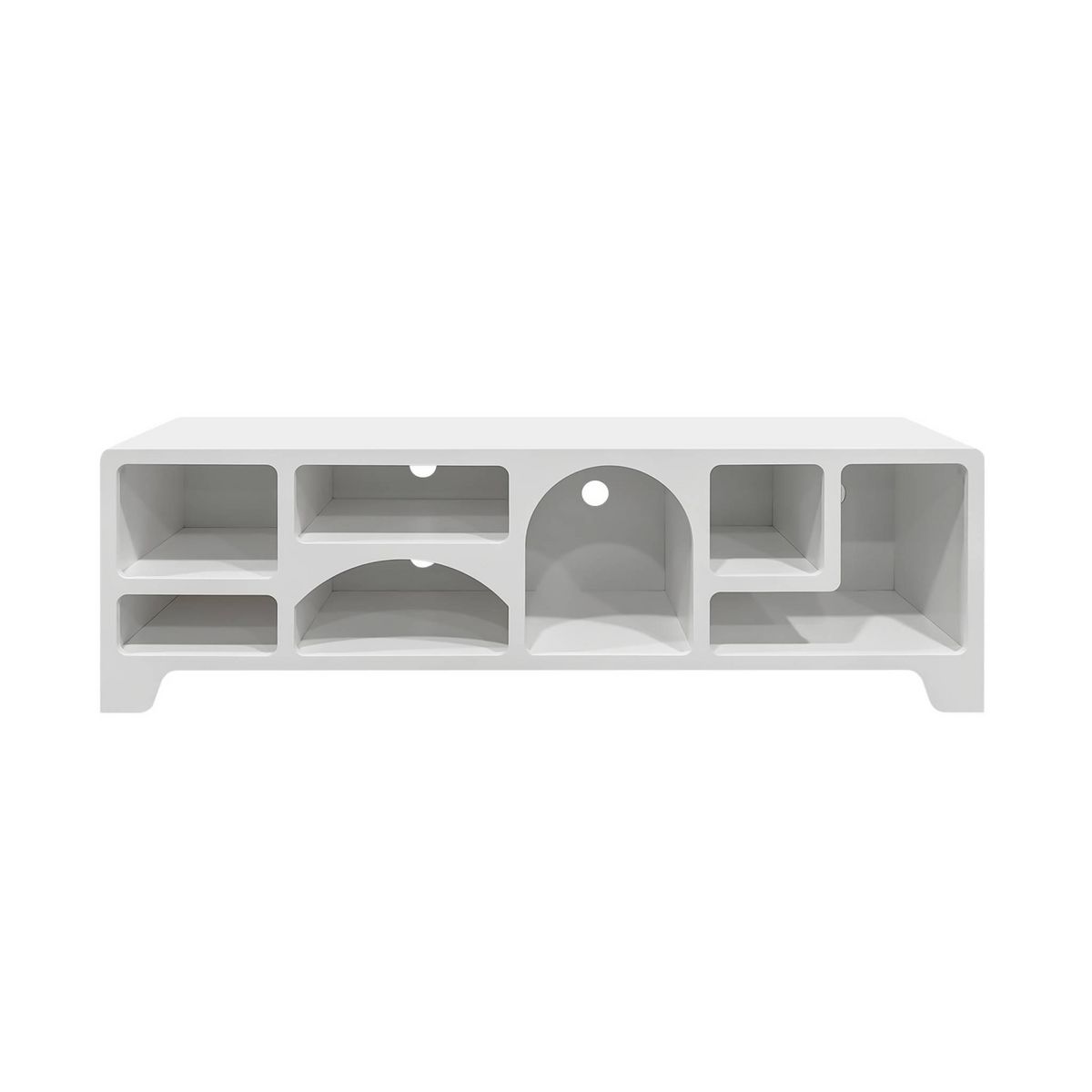 SWEEEK Meuble tv organique effet bois blanc 160cm avec plusieurs niches 7 compartiments de rangement L160cm