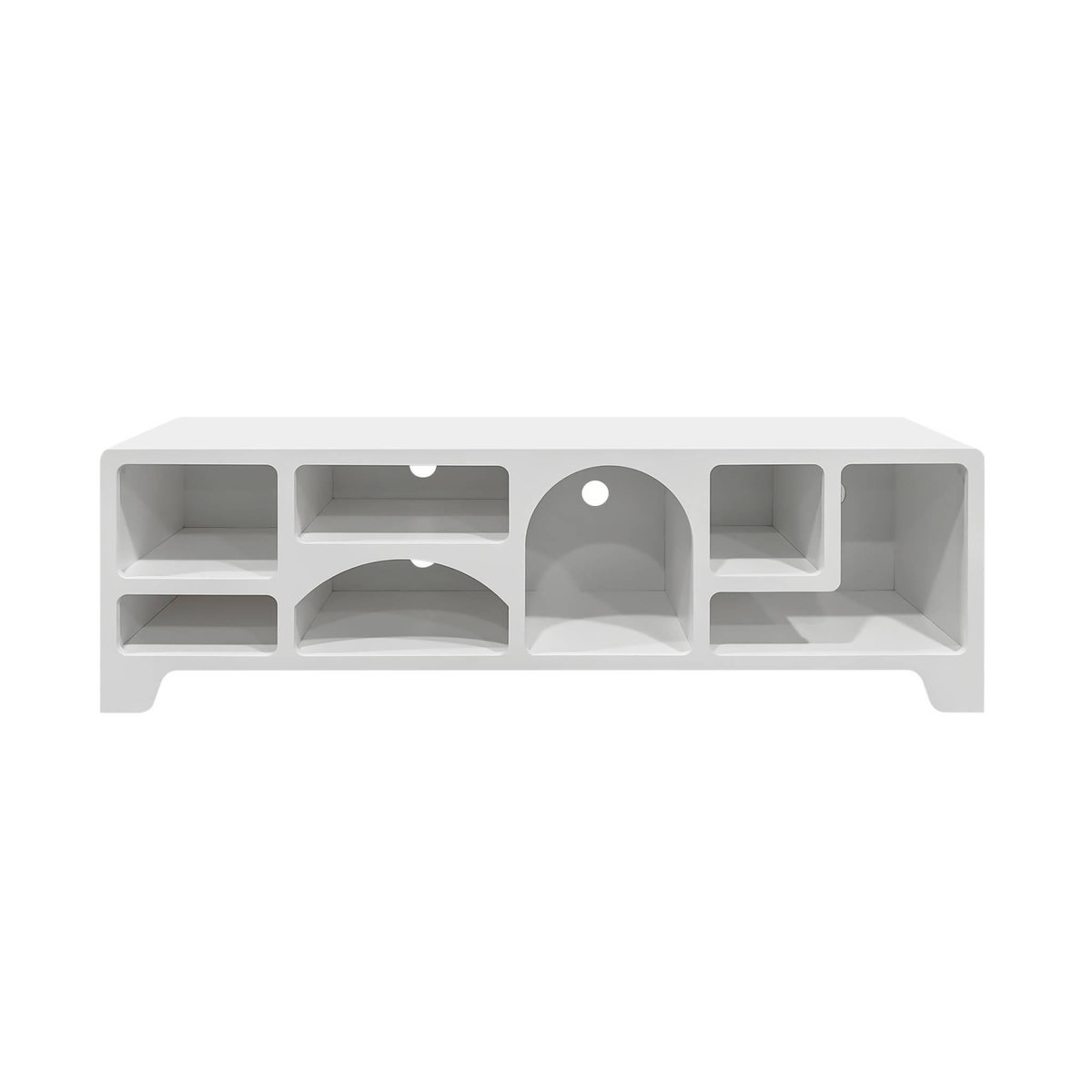SWEEEK Meuble tv organique effet bois blanc 160cm avec plusieurs niches 7 compartiments de rangement L160cm