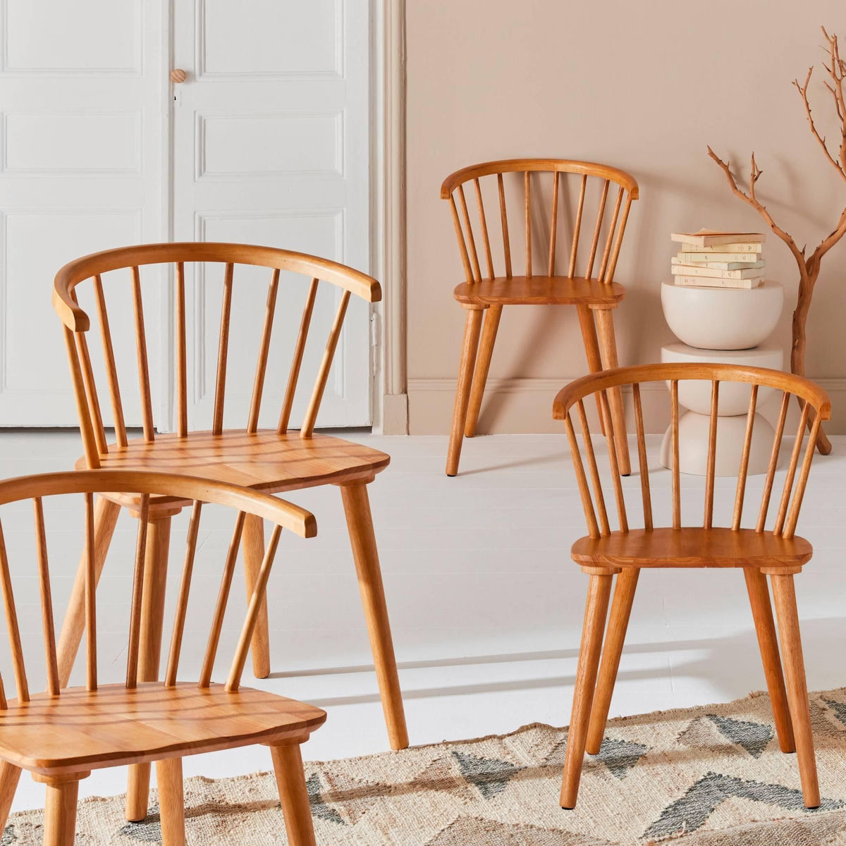 SWEEEK Lot de 4 chaises naturelles à barreaux en bois et contreplaqué. Paula. L 51 x P 53 x H 75cm