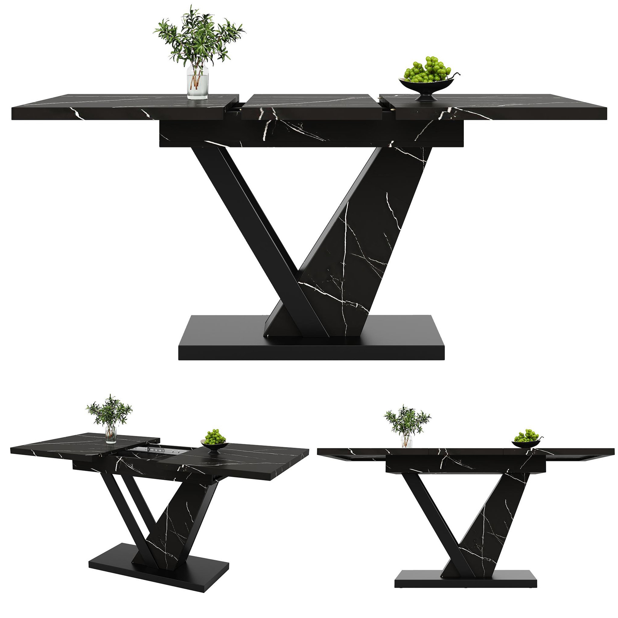 Voir la diapositive 4 : MERAX Table à manger rectangulaire avec allonge noir - 75x120-160max.cm mdf et métal