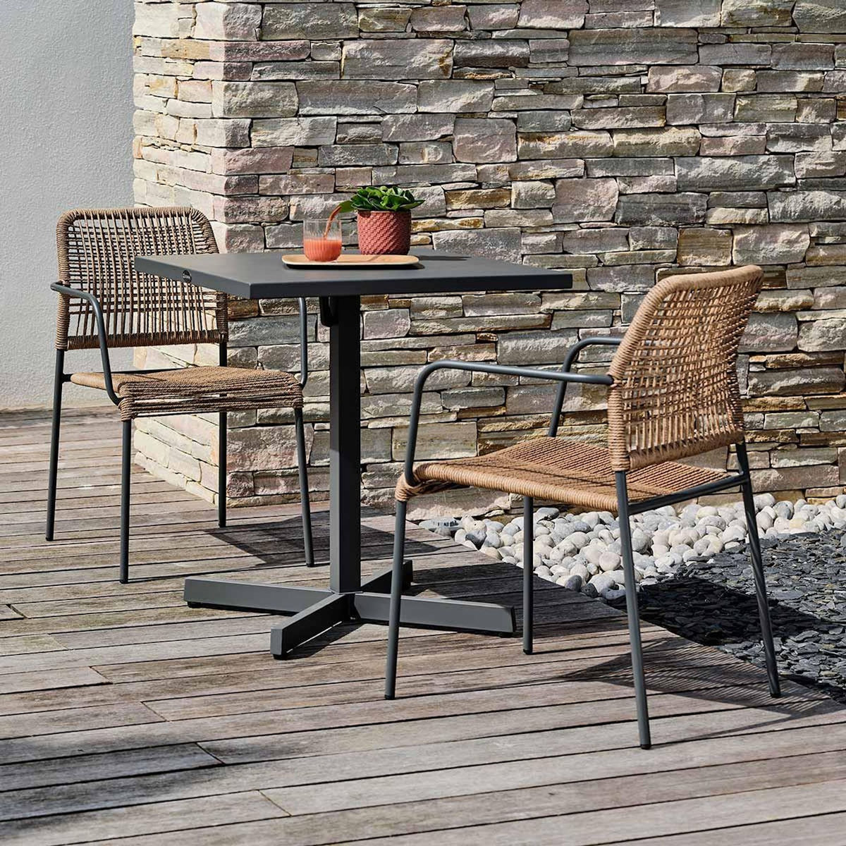 Paris Prix Ensemble Table de jardin & 2 Fauteuils  Louise & Marceau  74cm Anthracite & Marron