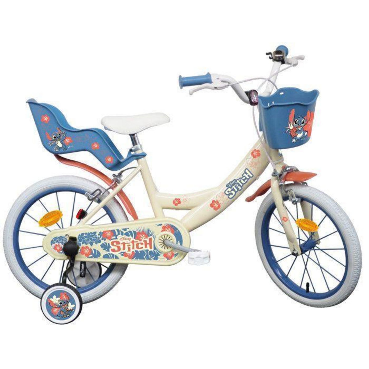 DISNEY Vélo enfant - Modèle 16'' STITCH / DISNEY (Taille de l'enfant 100 cm à 125 cm) équipé de 2 freins, panier, porte poupée et stabilisateurs.