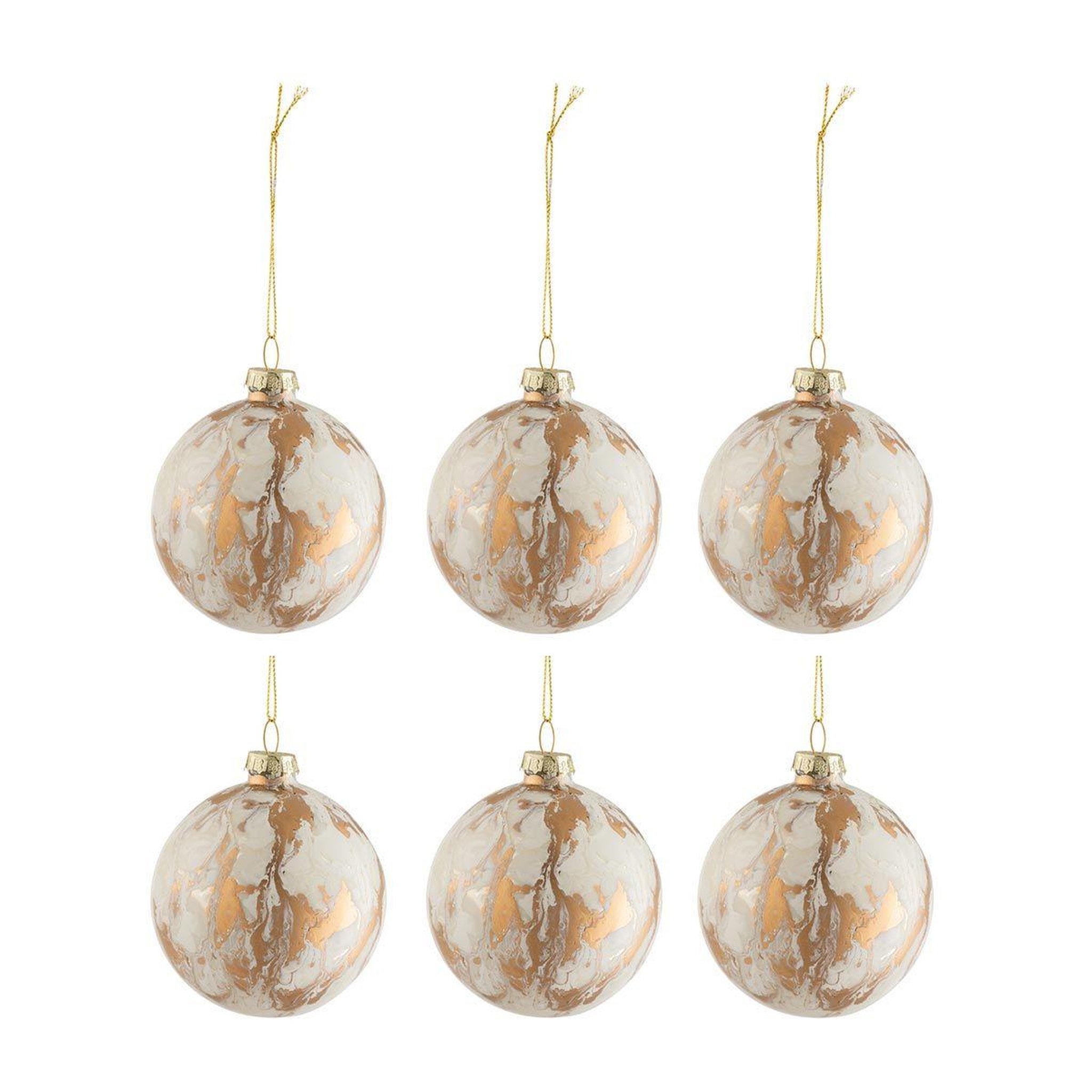 J-LINE Lot de 6 boules de noël  marbre  8cm blanc & or