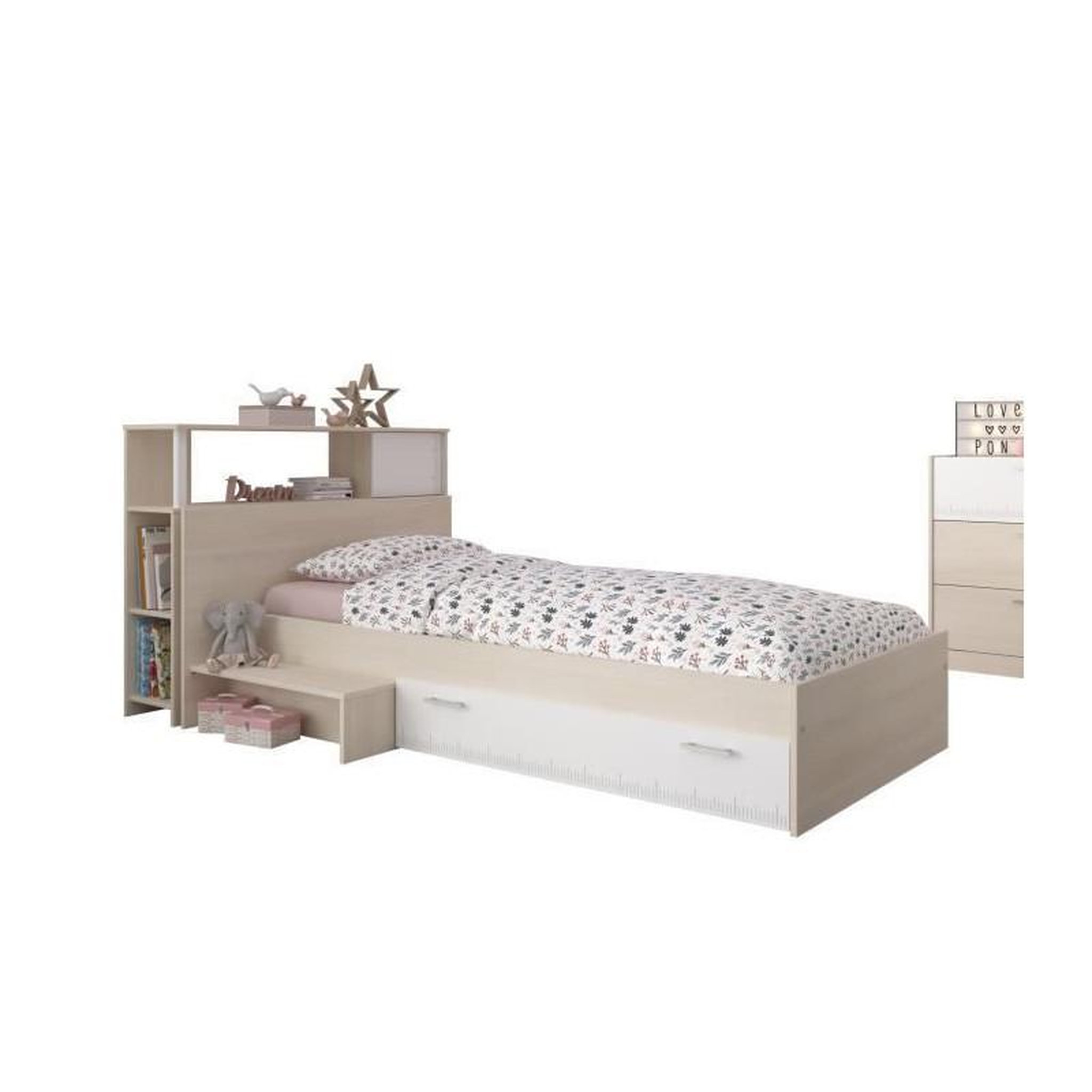 Voir la diapositive 3 : PARISOT PARISOT Ensemble lit + tete de lit avec rangement - Style contemporain - Decor acacia clair et blanc - CHARLEMAGNE
