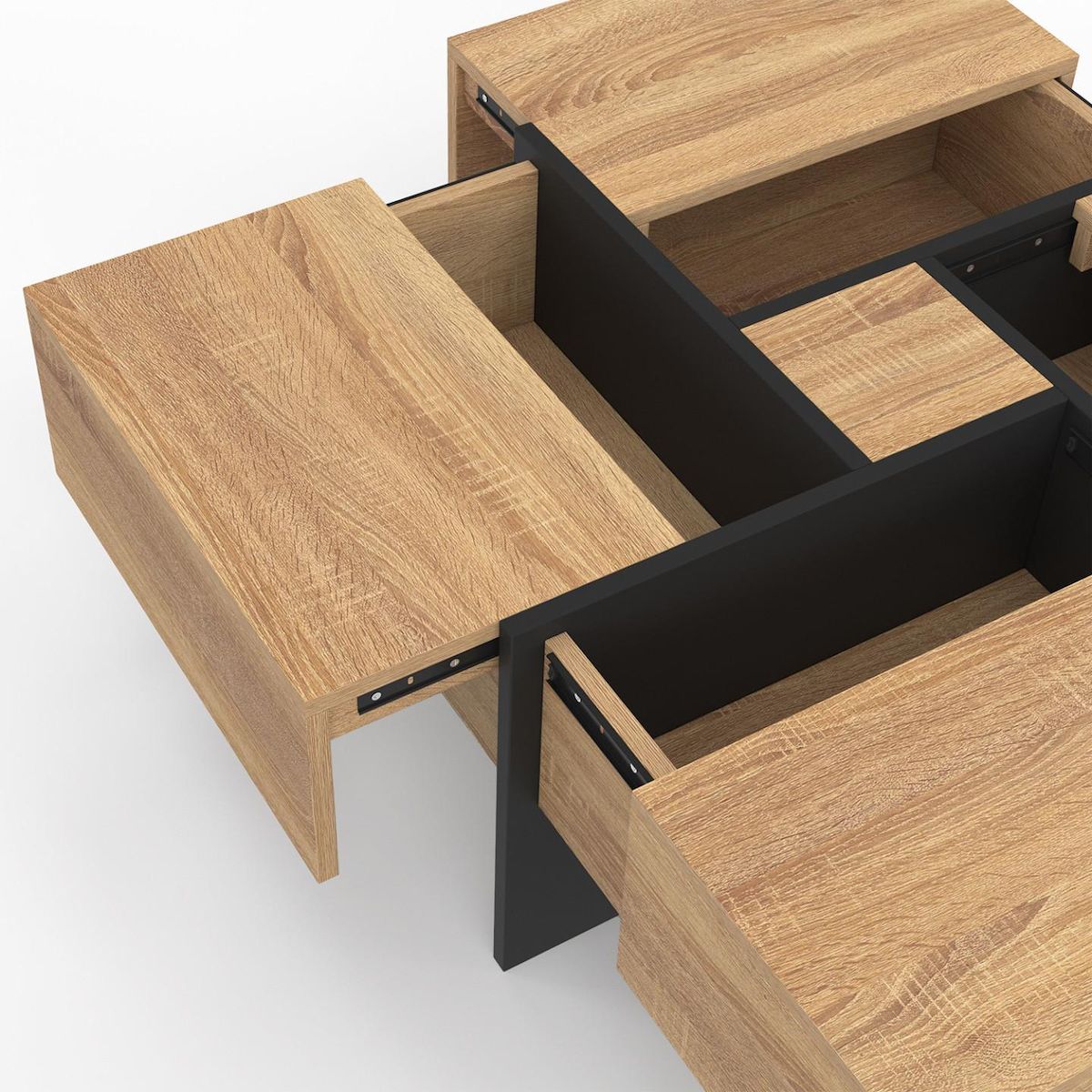 ID MARKET Table basse carrée TALIA avec tiroirs bois et noir