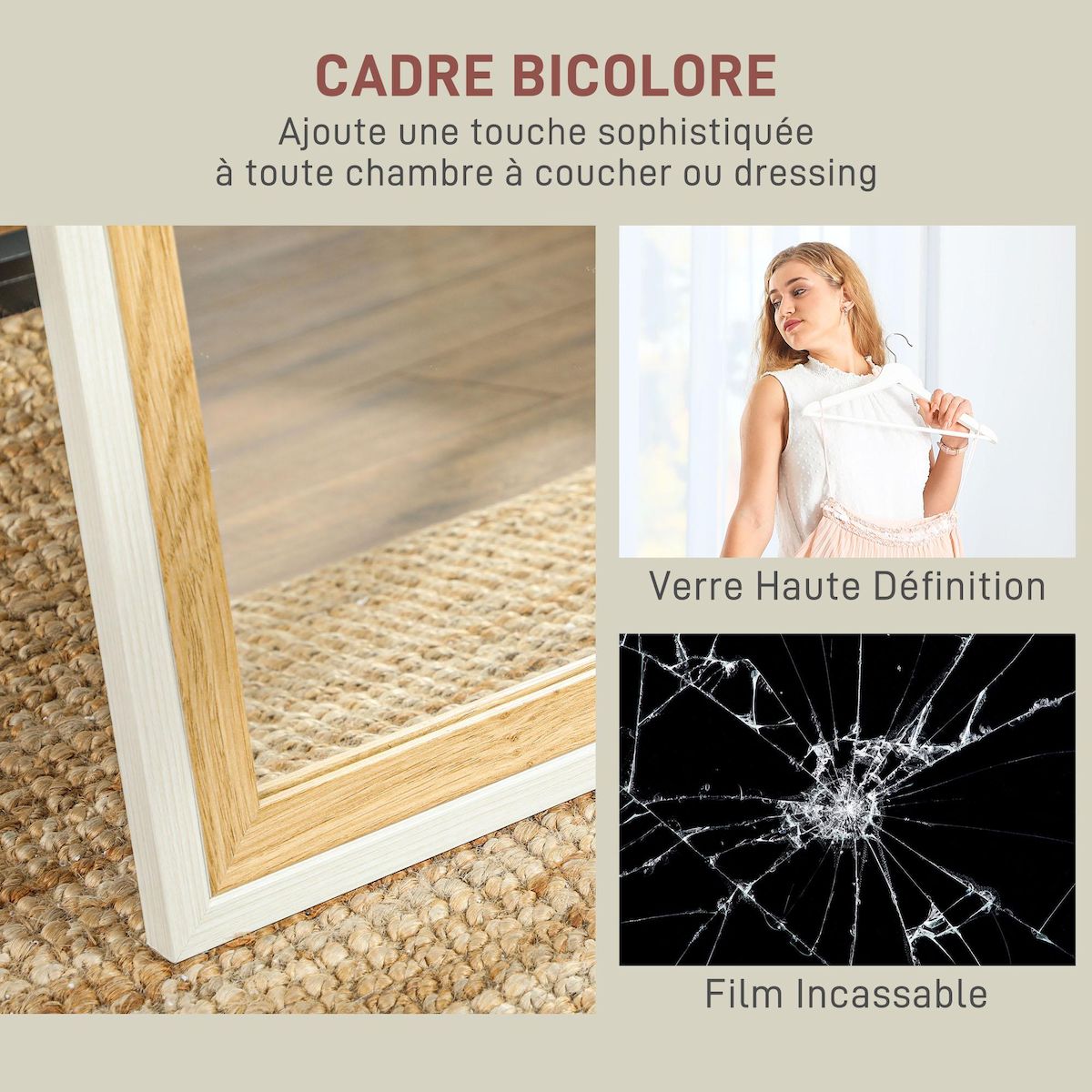 HOMCOM Miroir sur pied et mural design pleine longueur 37 x 157 cm cadre bicolore effet bois clair blanc