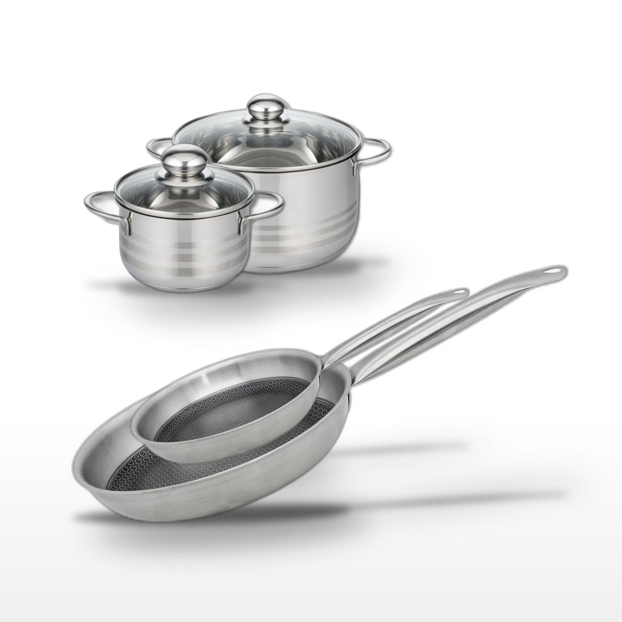 ELO Batterie de cuisine avec 2 poêles 24/28 cm et 2 faitouts 16/20 cm en inox sans pfas elo collection relief solution brillant