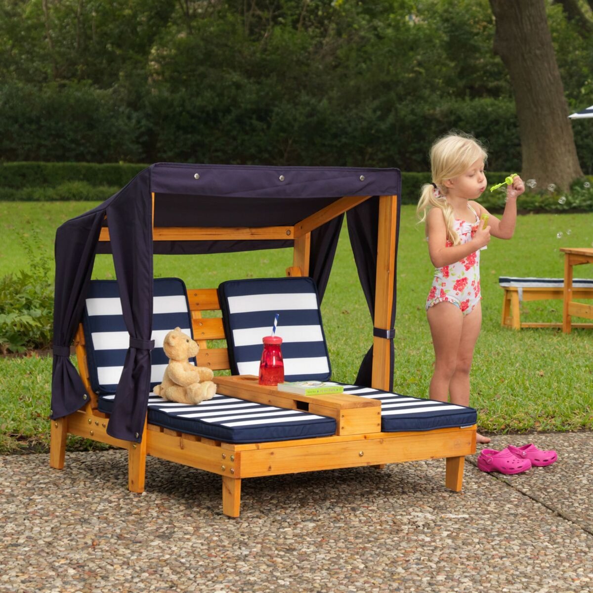 Kidkraft Double chaise longue avec porte-gobelets - Miel et bleu marine