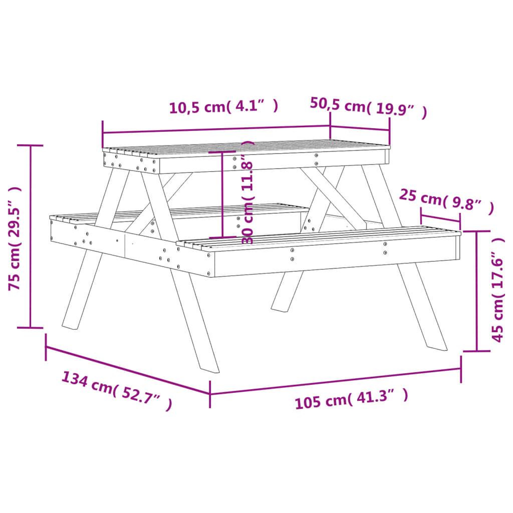 Voir la diapositive 6 : VIDAXL Table de pique-nique cire marron 105x134x75 cm bois massif pin