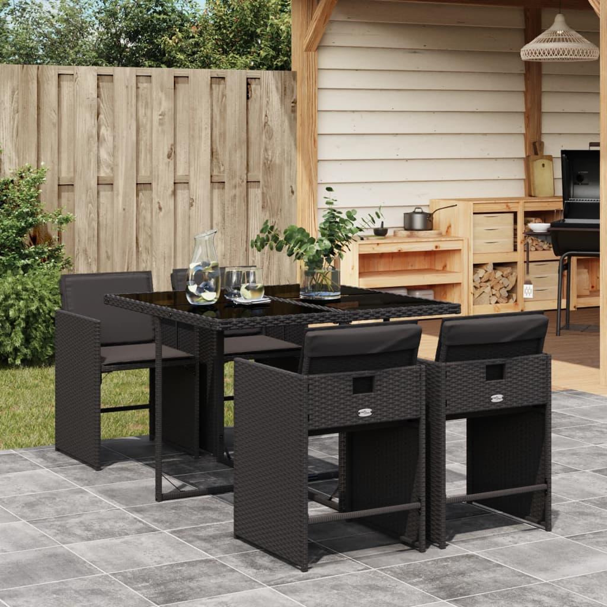 VIDAXL Ensemble a manger de jardin coussins 5pcs Noir Resine tressee