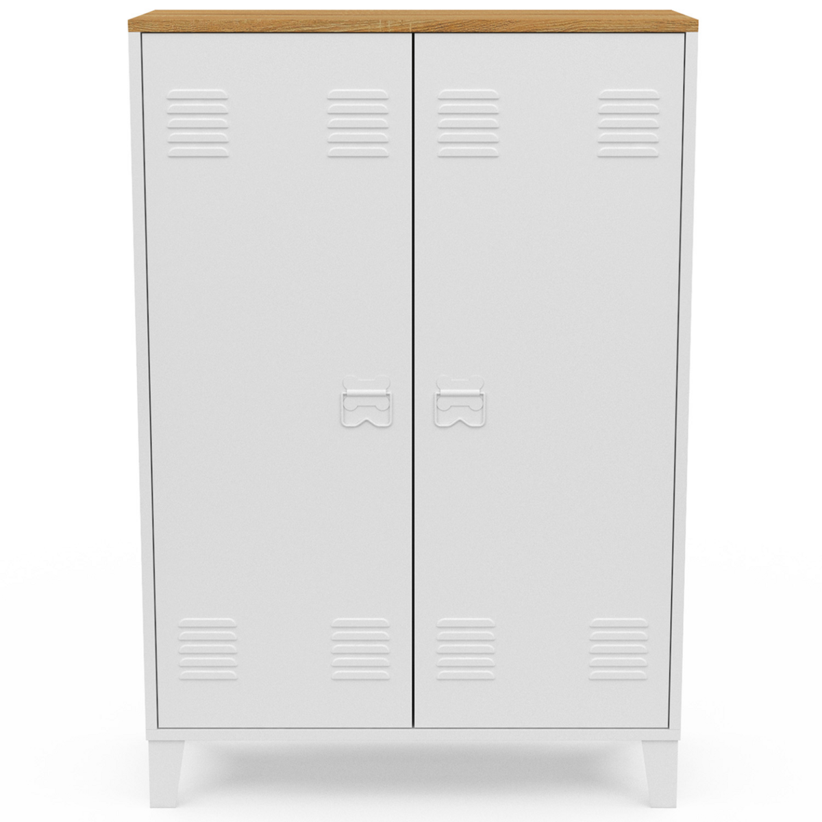 ID MARKET Armoire basse ESTER 2 portes métal blanc et plateau bois design industriel