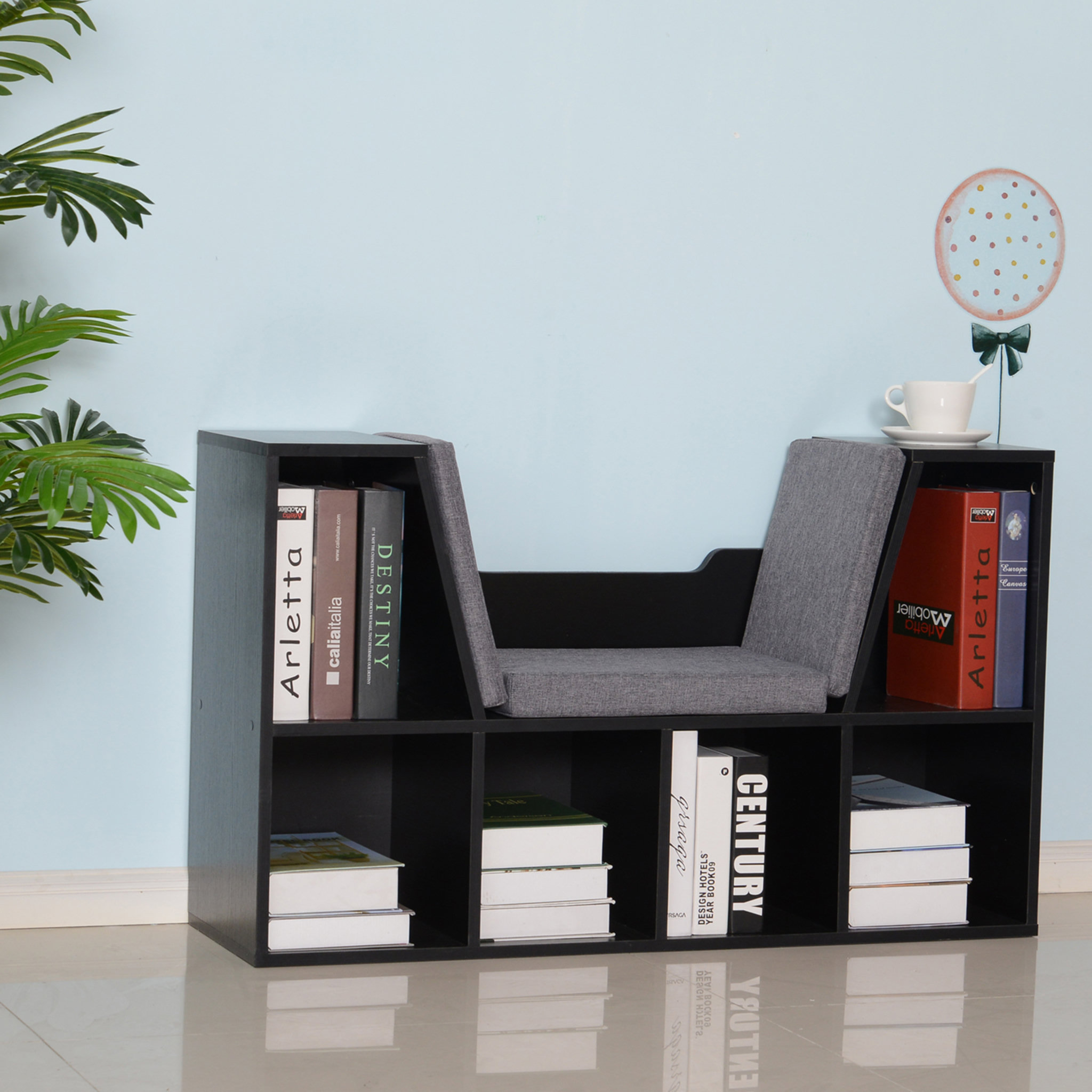 Voir la diapositive 4 : HOMCOM Bibliothèque banc 2 en 1 design contemporain 6 casiers 3 coussins fournis 102L x 30l x 61H cm noir gris