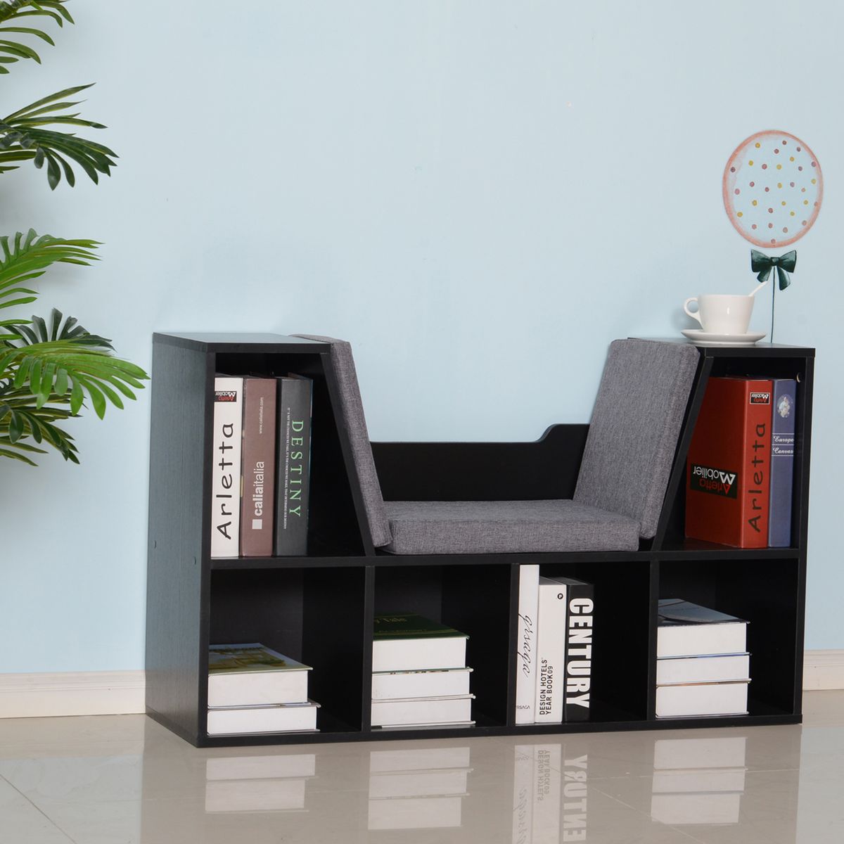 HOMCOM Bibliothèque banc 2 en 1 design contemporain 6 casiers 3 coussins fournis 102L x 30l x 61H cm noir gris