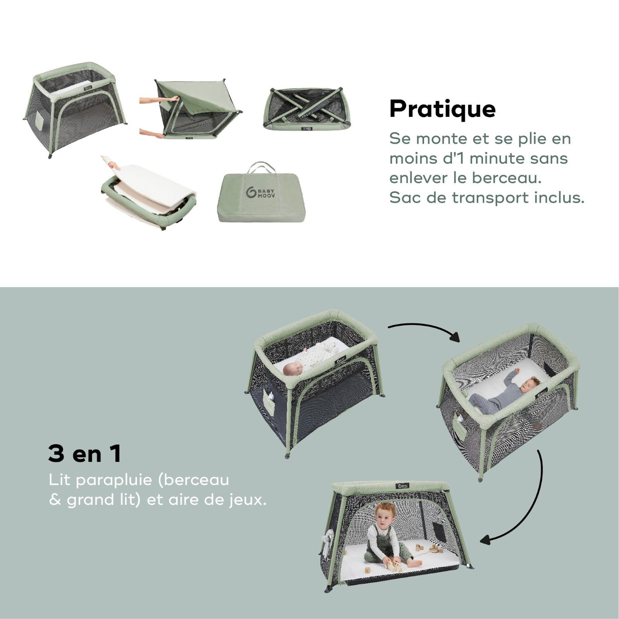 Voir la diapositive 5 : BABYMOOV Lit parapluie 3-en-1 Moov and Comfy Babymoov - Evolutif - 2 niveaux