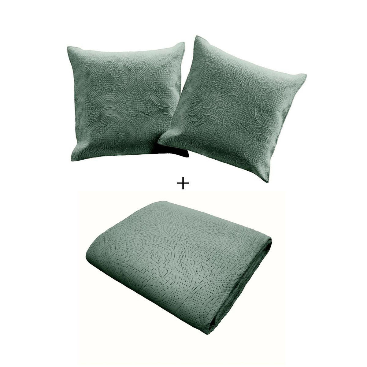 Paris Prix Couvre-Lit & 2 Housses de Coussin  Romane  220x240cm Vert Cèdre