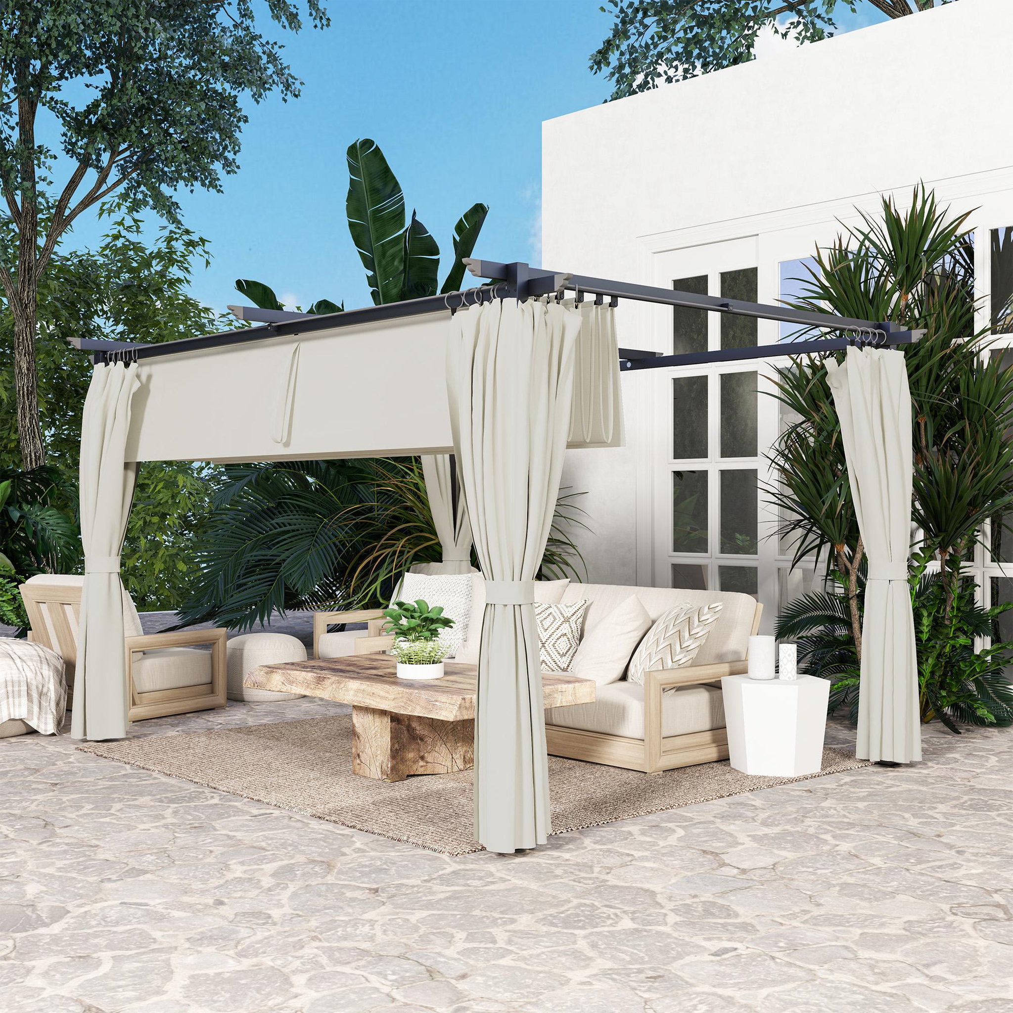 Voir la diapositive 2 : OUTSUNNY Pergola 3 x 4 m toile toit rétractable 4 rideaux ajustables métal noir polyester haute densité 180g/m² crème
