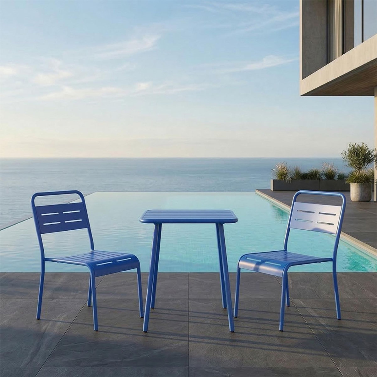 CONCEPT USINE Ensemble table de jardin carrée 50cm et 2 chaises bleu BERGAME