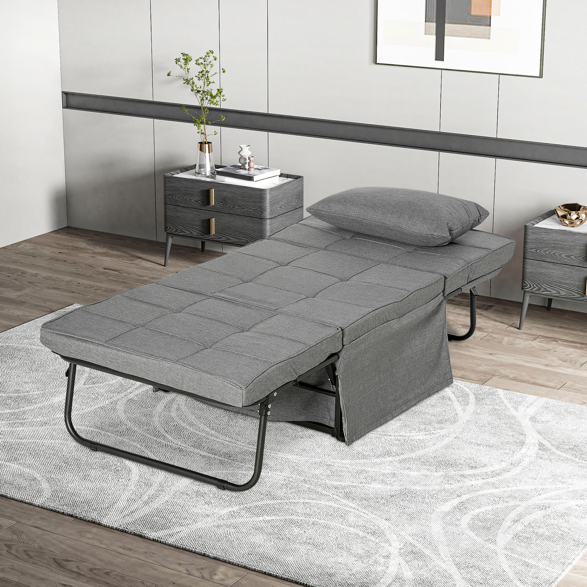 Voir la diapositive 4 : HOMCOM Fauteuil relax canapé pouf lit d'appoint 4 en 1 dossier inclinable 5 niveaux repose-pied rabattable châssis acier noir polyester gris