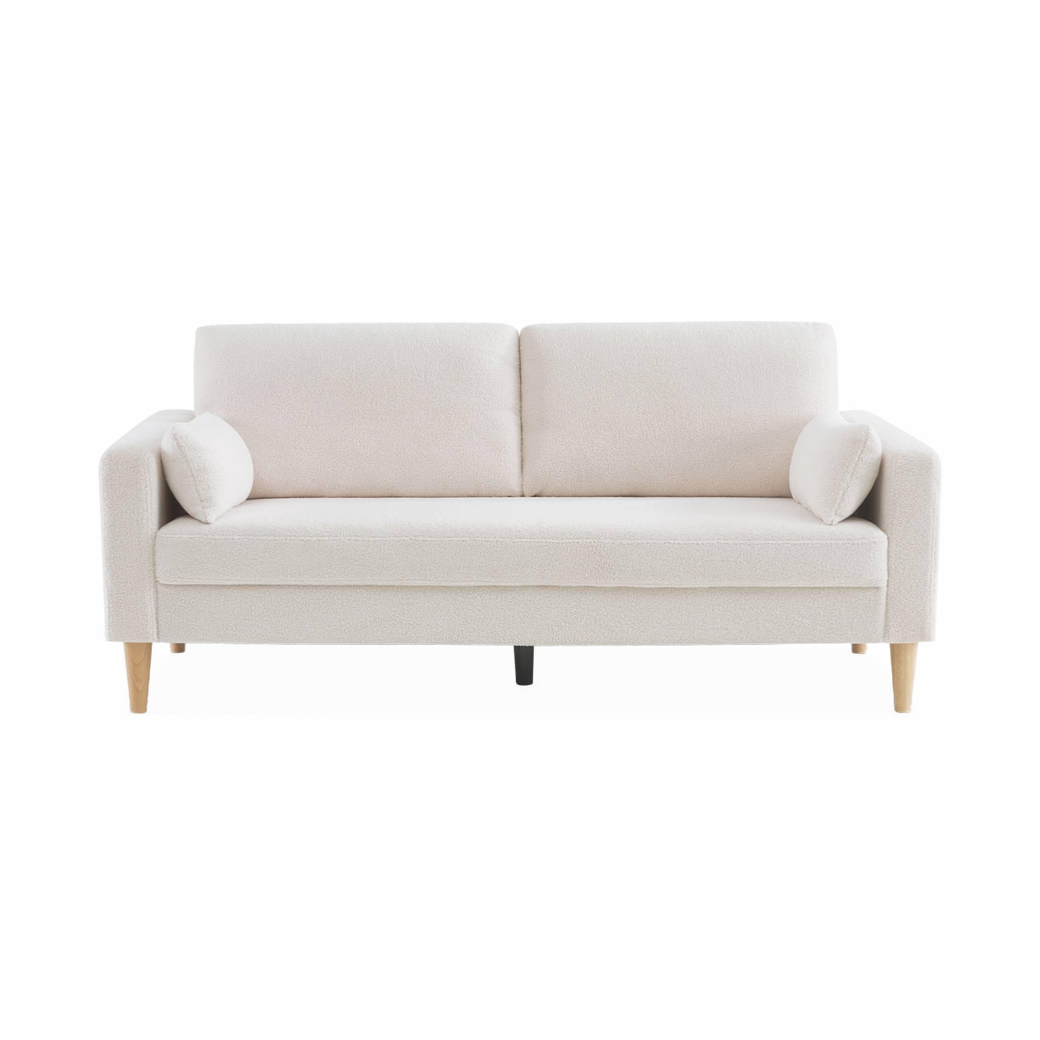 Voir la diapositive 4 : SWEEEK Canapé à bouclettes blanc cassé - Bjorn - Canapé 3 places fixe droit pieds bois. style scandinave