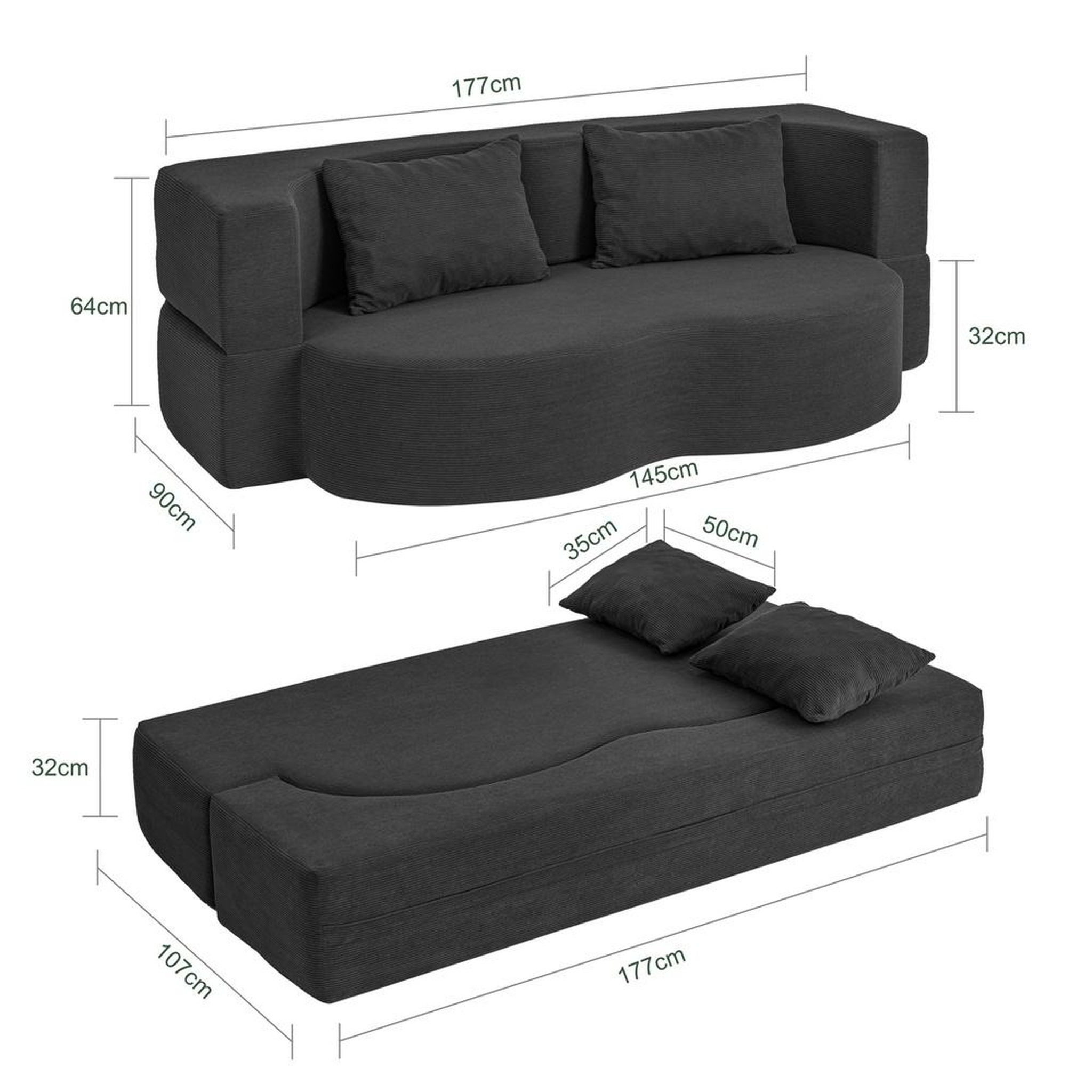 Voir la diapositive 3 : SOBUY Canapé-lit 2 places convertible en velours côtelé noir 177x107x32 cm fst101-sch