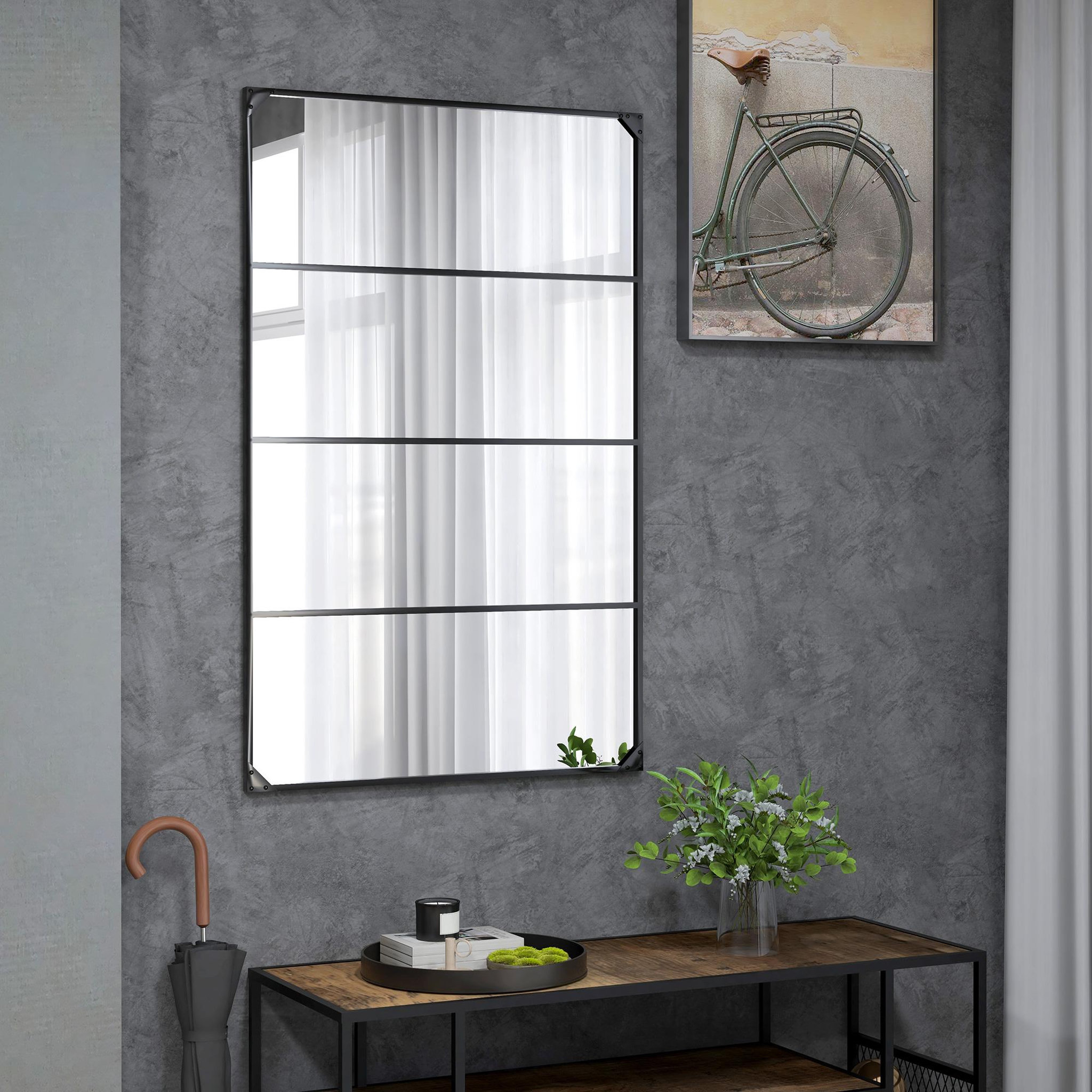 Voir la diapositive 2 : HOMCOM Miroir mural verrière rectangulaire style industriel - horizontal ou vertical - 4 crochets - métal noir