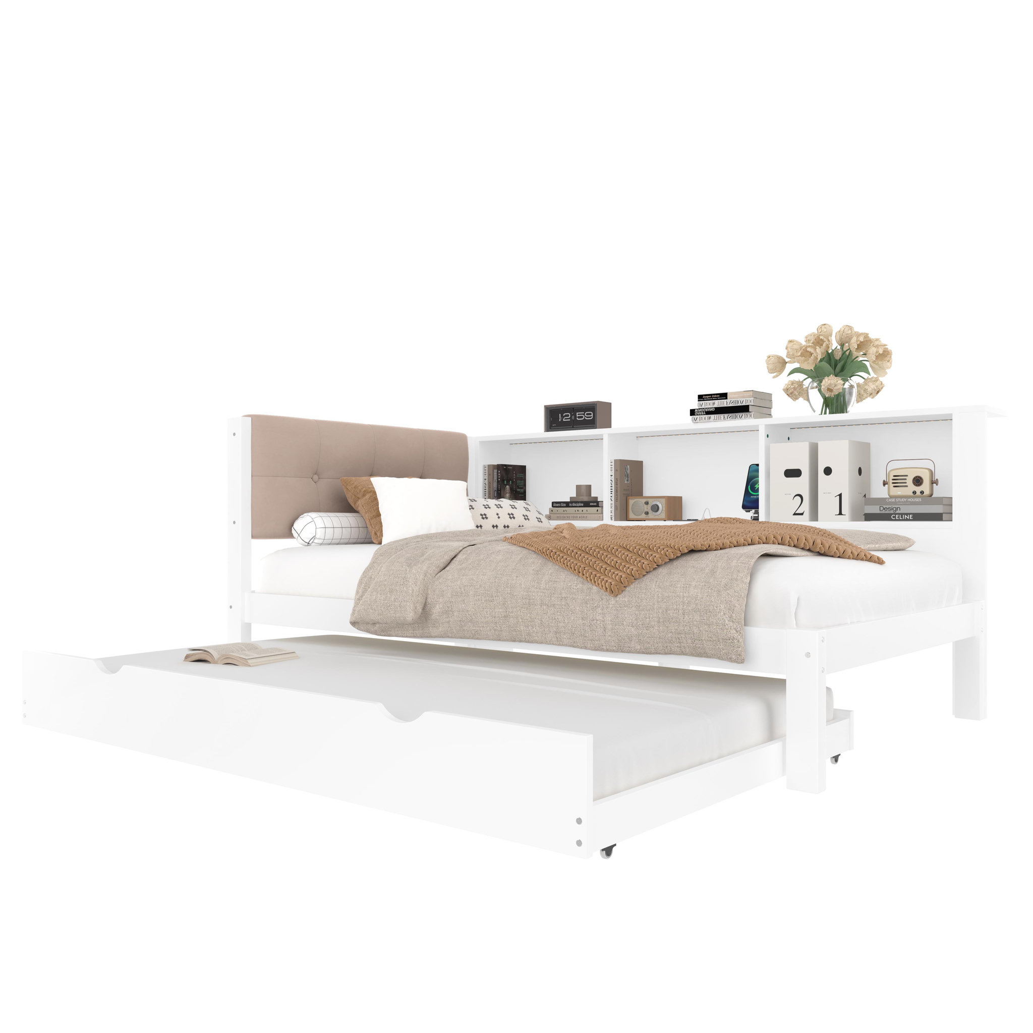 MERAX Lit gigogne 90x200cm pin coloris blanc led
