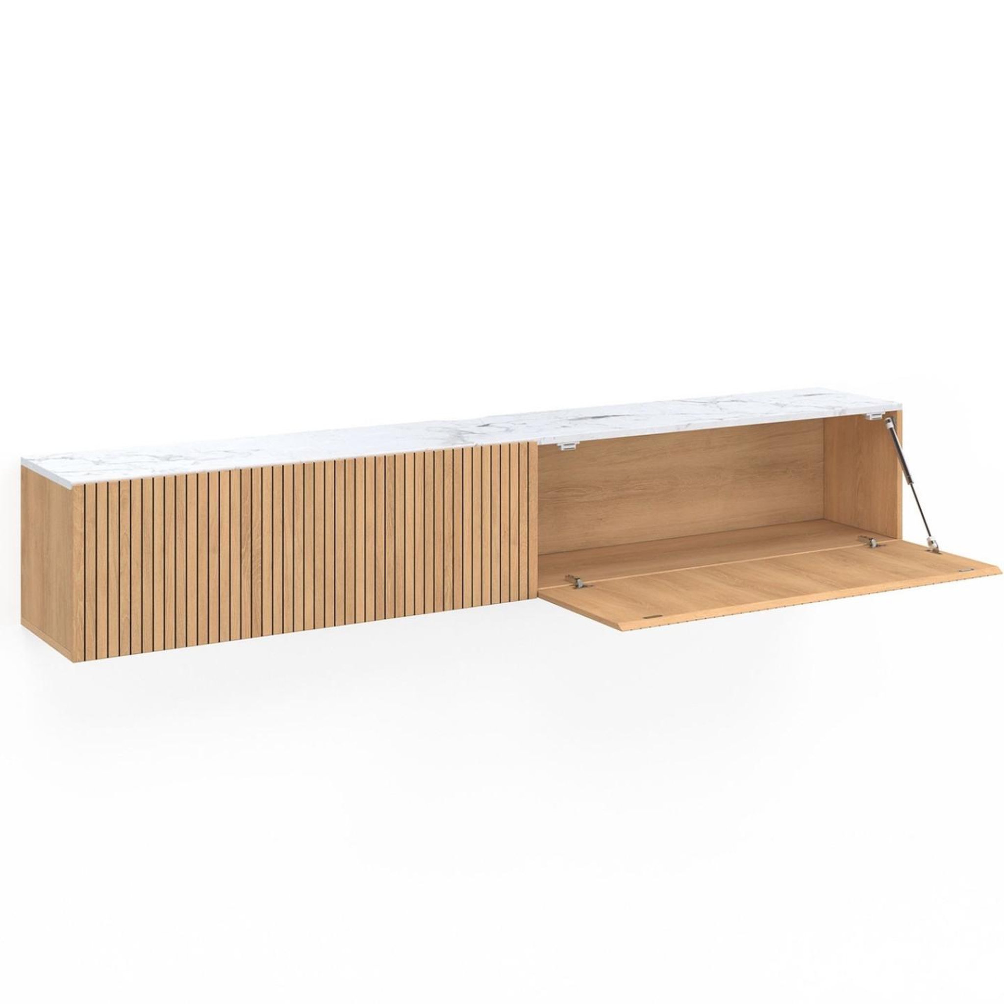 Voir la diapositive 3 : ID MARKET Meuble tv 180 cm suspendu juliette 2 portes plateau effet marbre lattes tasseau bois coloris chêne