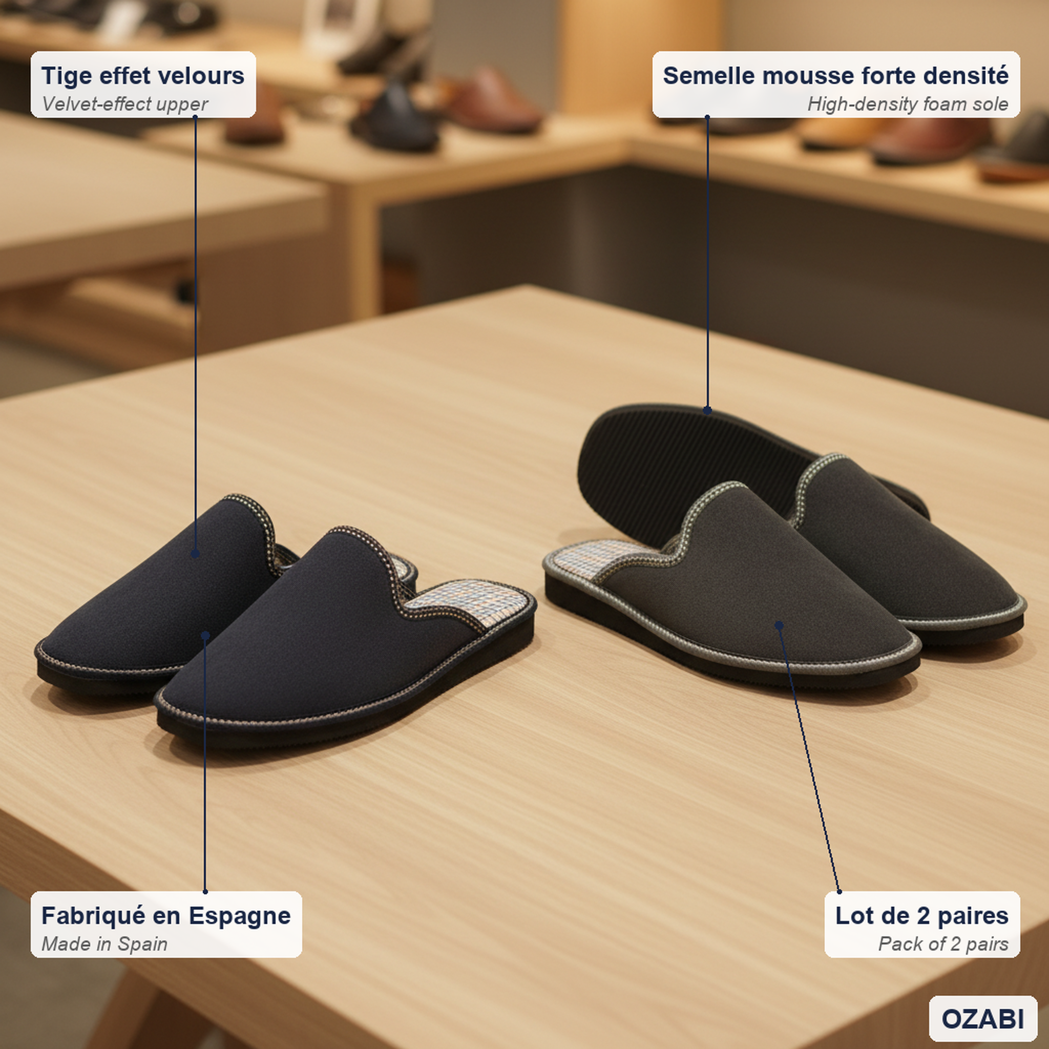 Voir la diapositive 5 : OZABI Ozabi pack de 2 paires pantoufles mules homme fabriquées en espagne