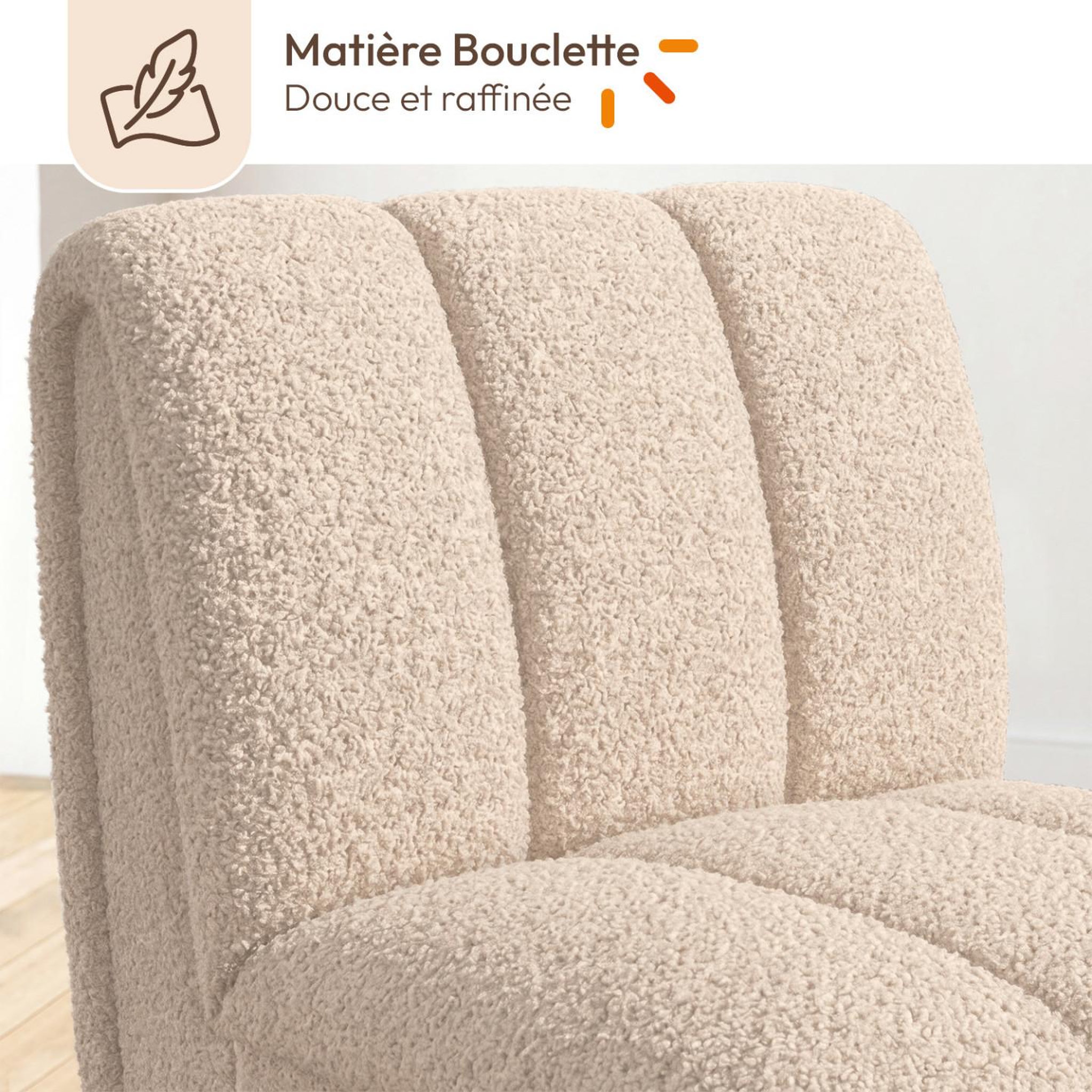 Voir la diapositive 4 : ID MARKET Fauteuil HECTOR tissu bouclette beige et pieds arrondis effet bois