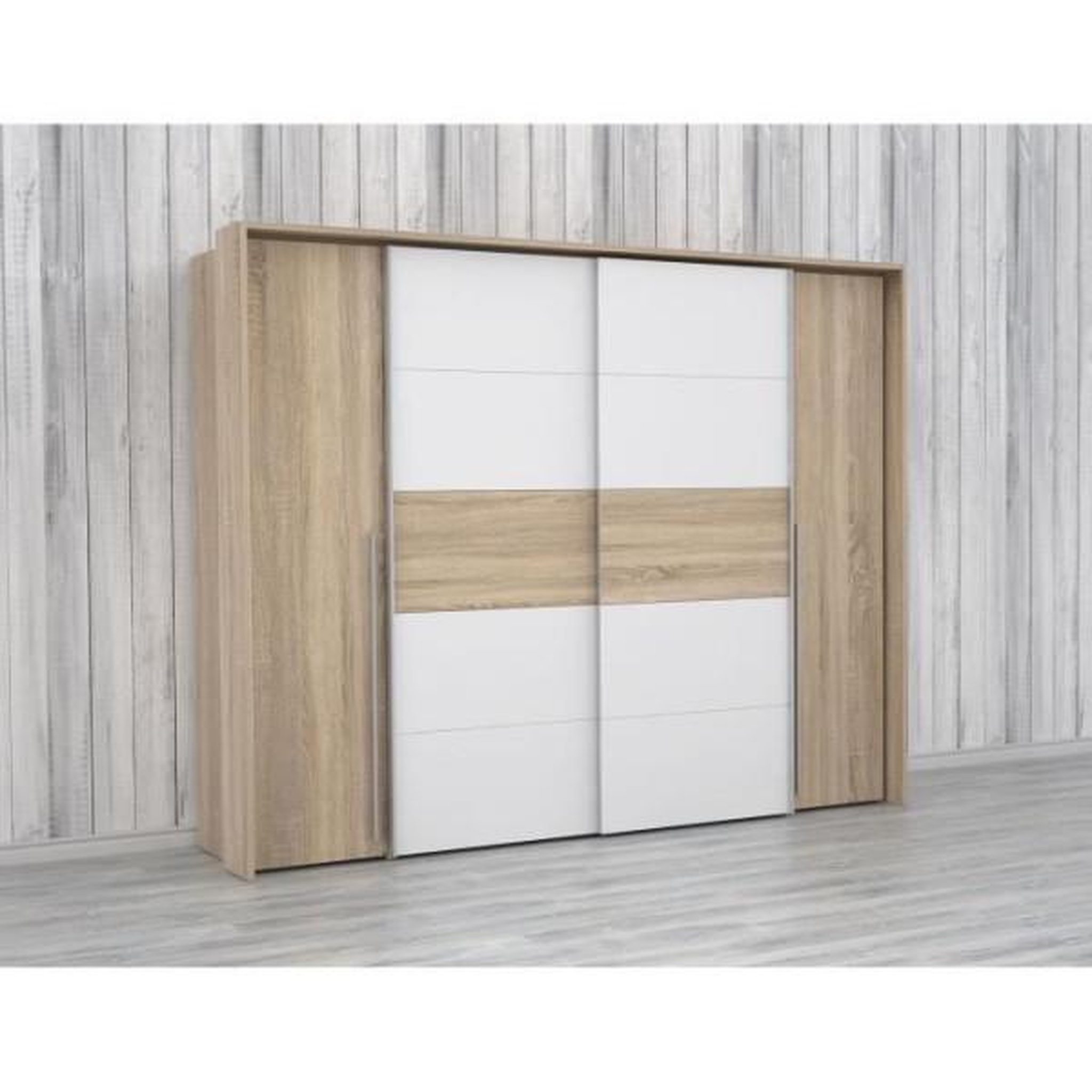 Voir la diapositive 2 : MARKET24 Armoire NARAGO - Décor Chene Sonoma et blanc mat - 2 portes coulissantes + 2 portes battantes - L270 x P61 x H210 cm