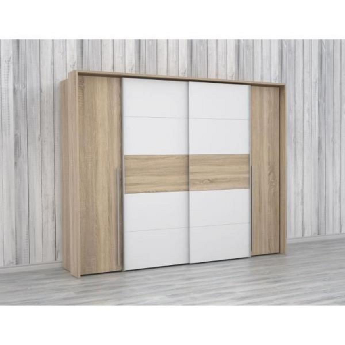MARKET24 Armoire NARAGO - Décor Chene Sonoma et blanc mat - 2 portes coulissantes + 2 portes battantes - L270 x P61 x H210 cm