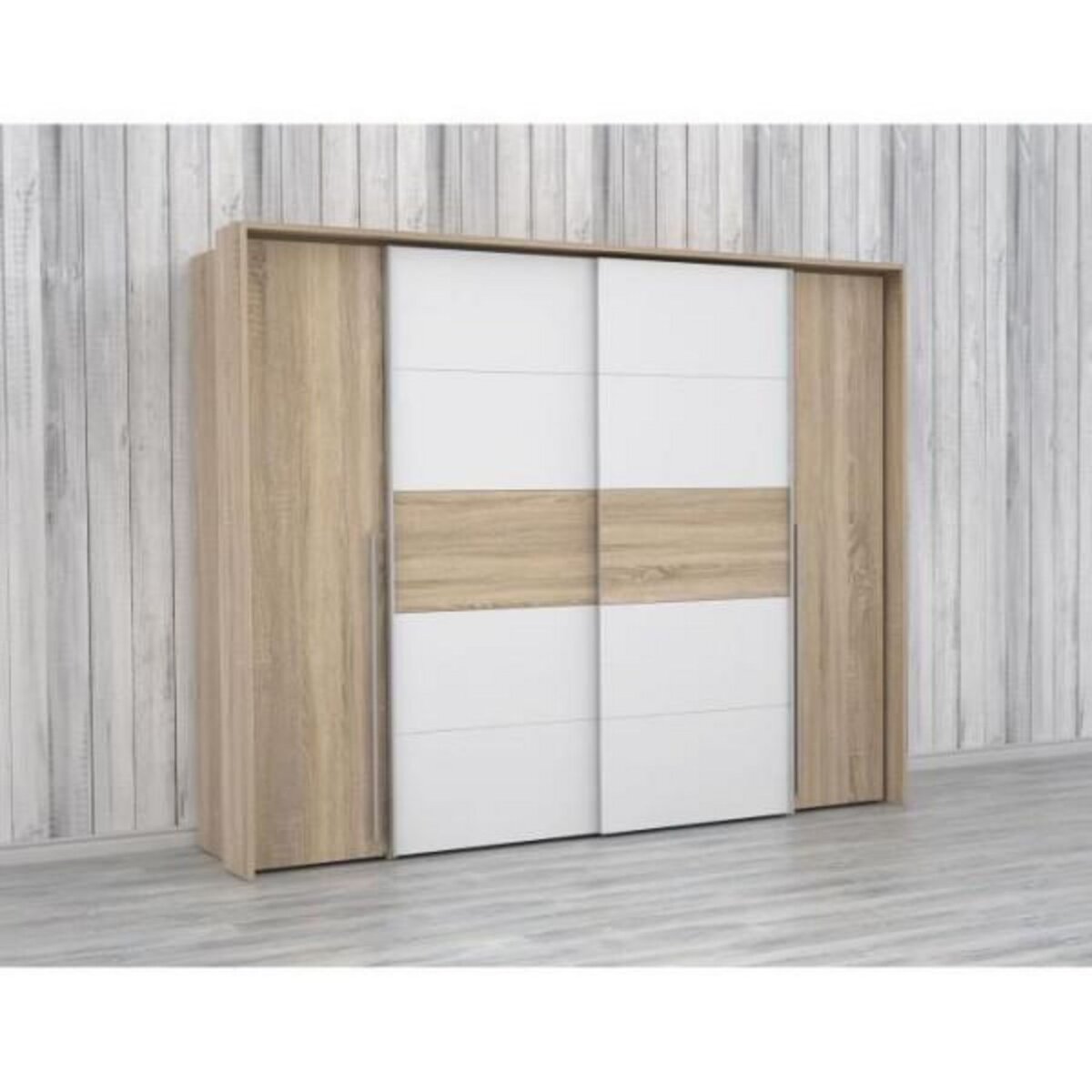 MARKET24 Armoire NARAGO - Décor Chene Sonoma et blanc mat - 2 portes coulissantes + 2 portes battantes - L270 x P61 x H210 cm