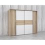 Voir la diapositive 2 : MARKET24 Armoire NARAGO - Décor Chene Sonoma et blanc mat - 2 portes coulissantes + 2 portes battantes - L270 x P61 x H210 cm
