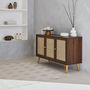 Voir la diapositive 3 : SWEEEK Buffet de rangement en cannage 120x39x70cm  - Bohème - 2 niveaux. 3 portes. pieds scandinaves. buffet bas