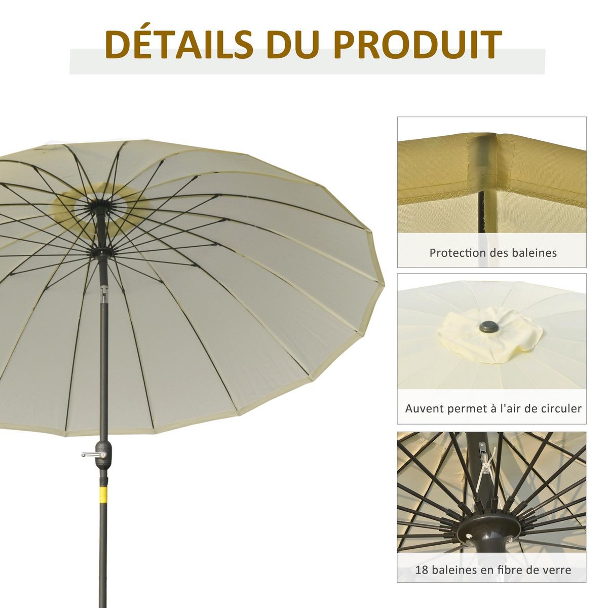 OUTSUNNY Parasol inclinable rond avec manivelle métal fibre de verre Ø 2,55 m polyester haute densité beige